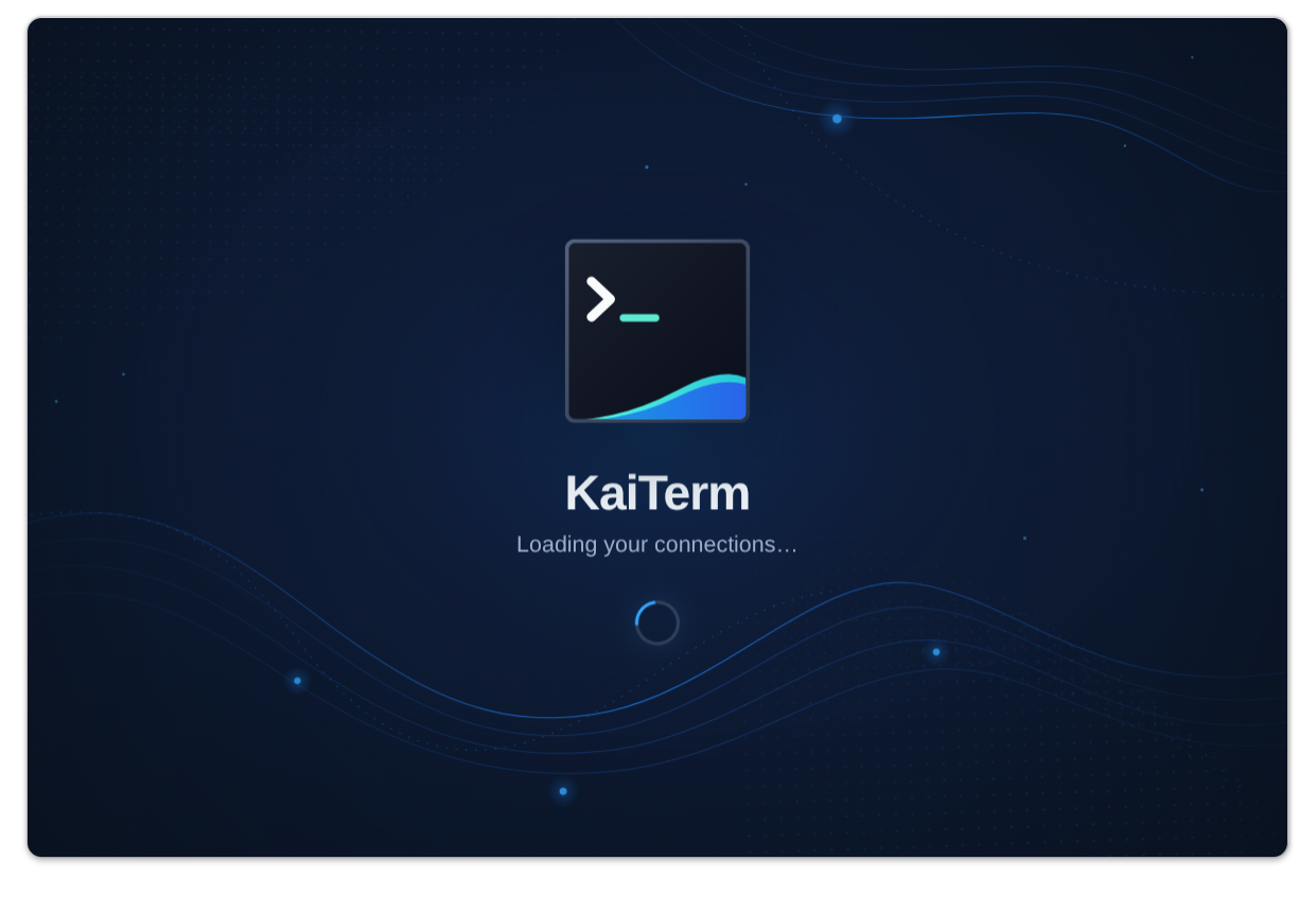 KaiTerm startup splash with its logo, animated backdrop, and loading indicator.