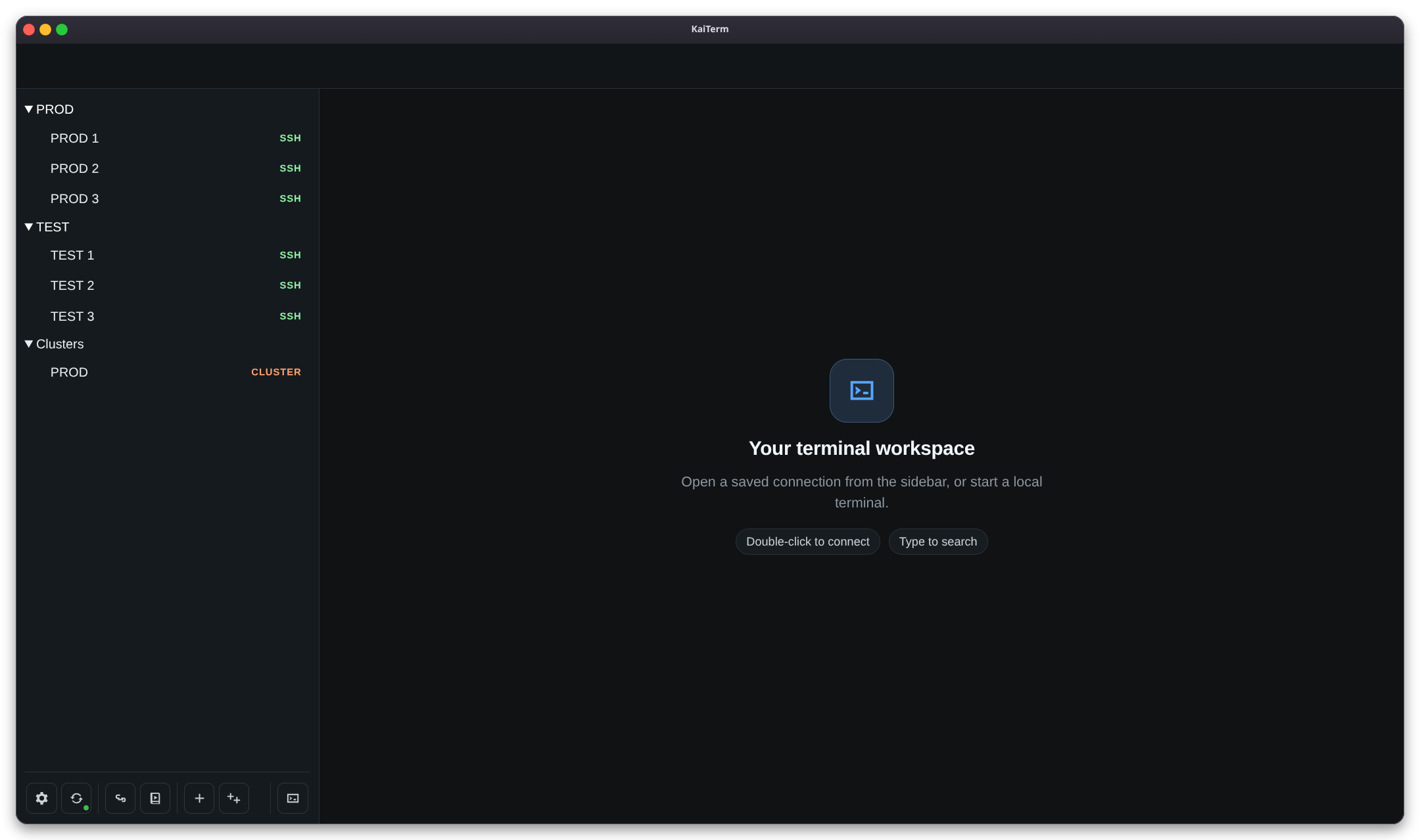 KaiTerm connection tree with folders and saved SSH connections.