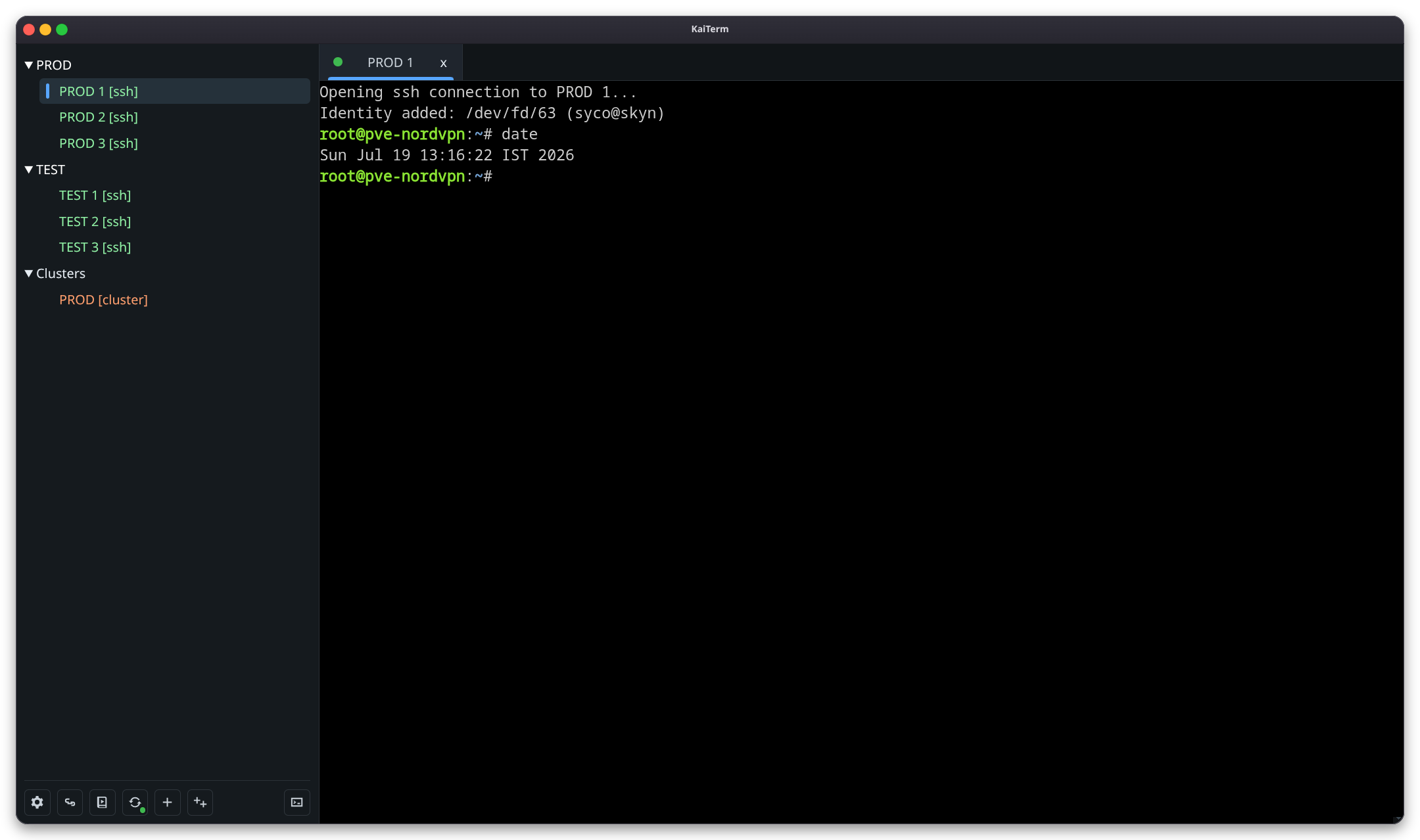 KaiTerm single SSH terminal session.