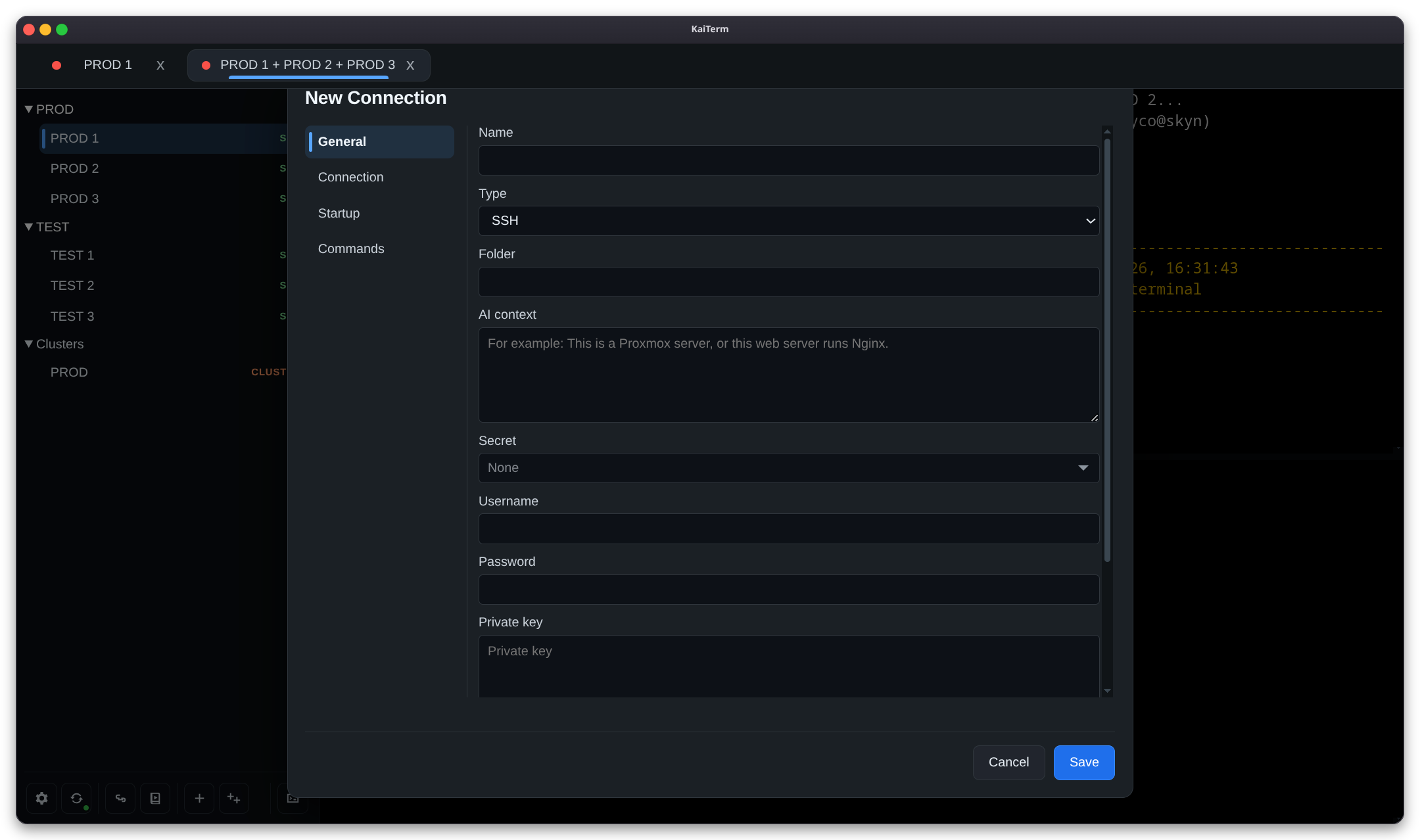 KaiTerm connection profile editor.