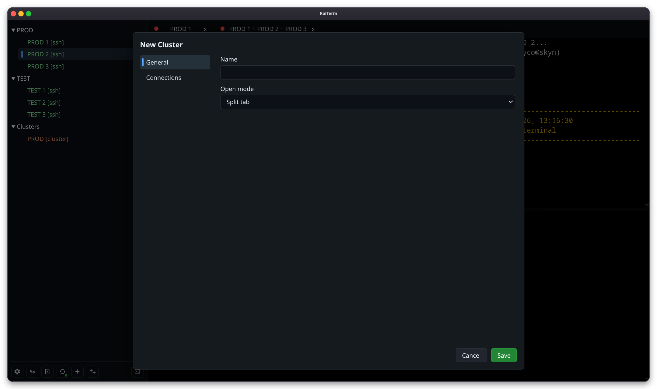 KaiTerm cluster editor for launching grouped connections.