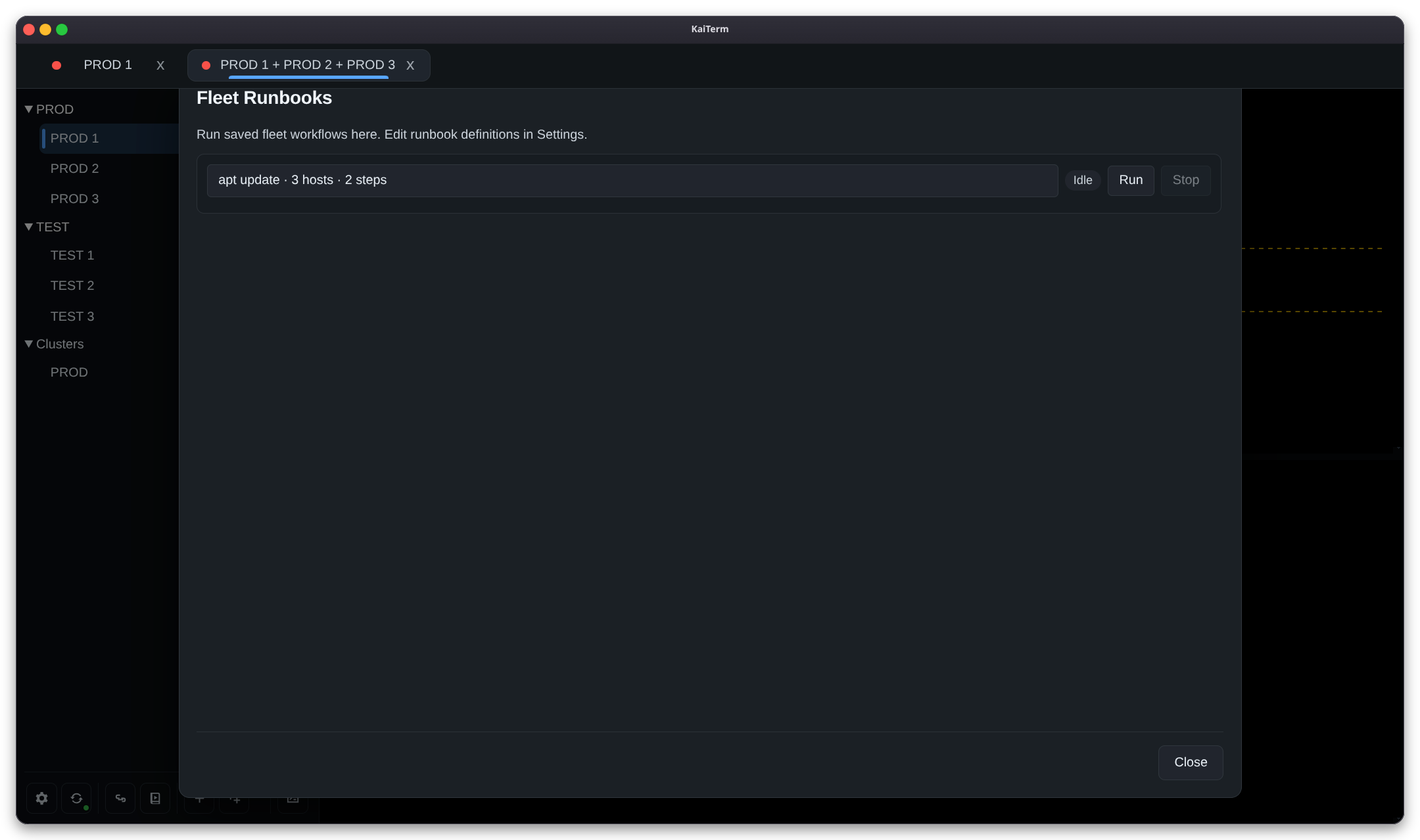 KaiTerm Fleet Runbooks manager with a saved workflow ready to run.