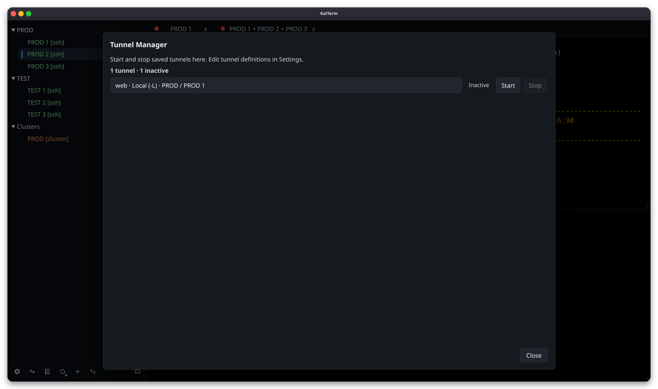 KaiTerm Tunnel Manager showing a saved SSH tunnel and its status.