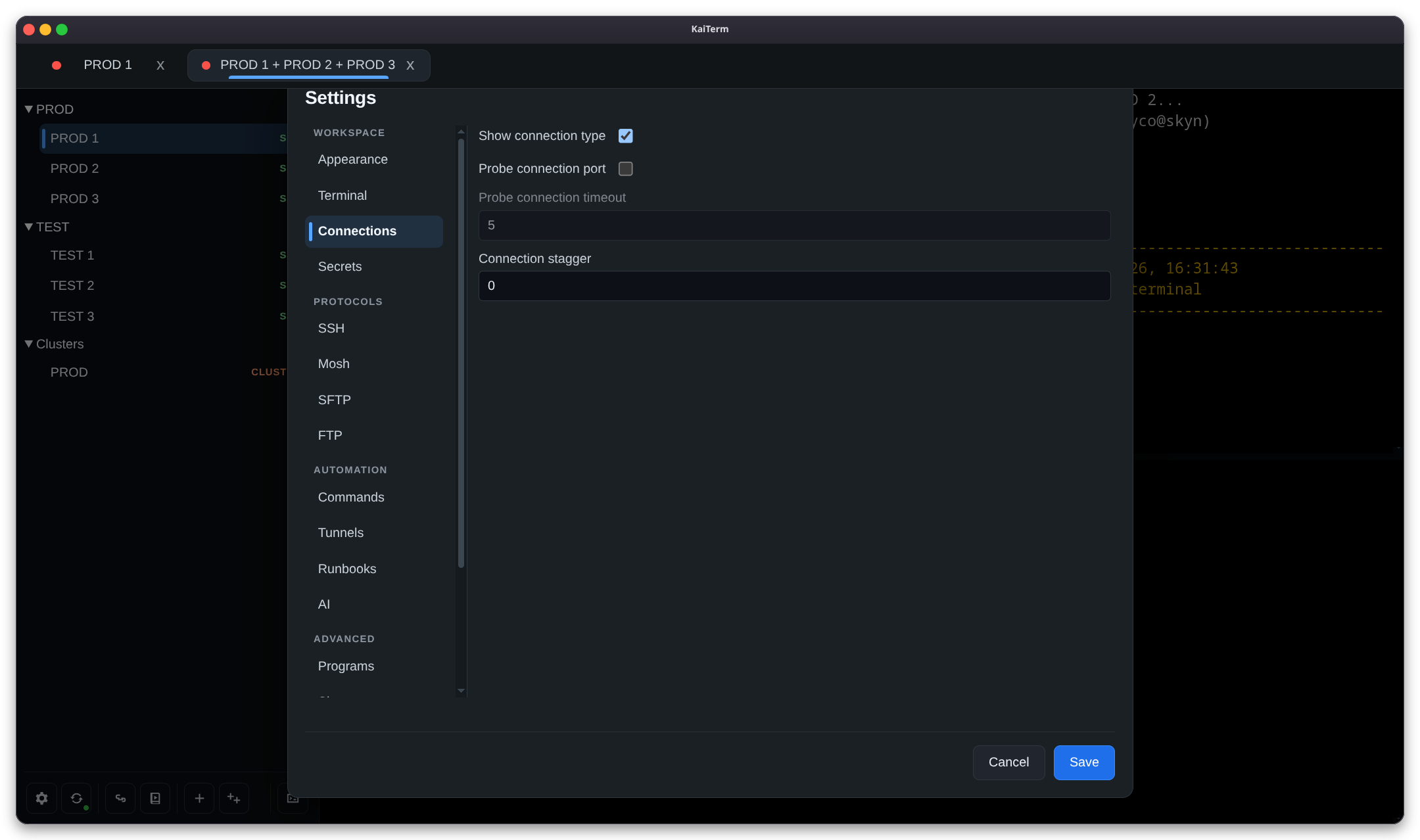 KaiTerm global connection settings.