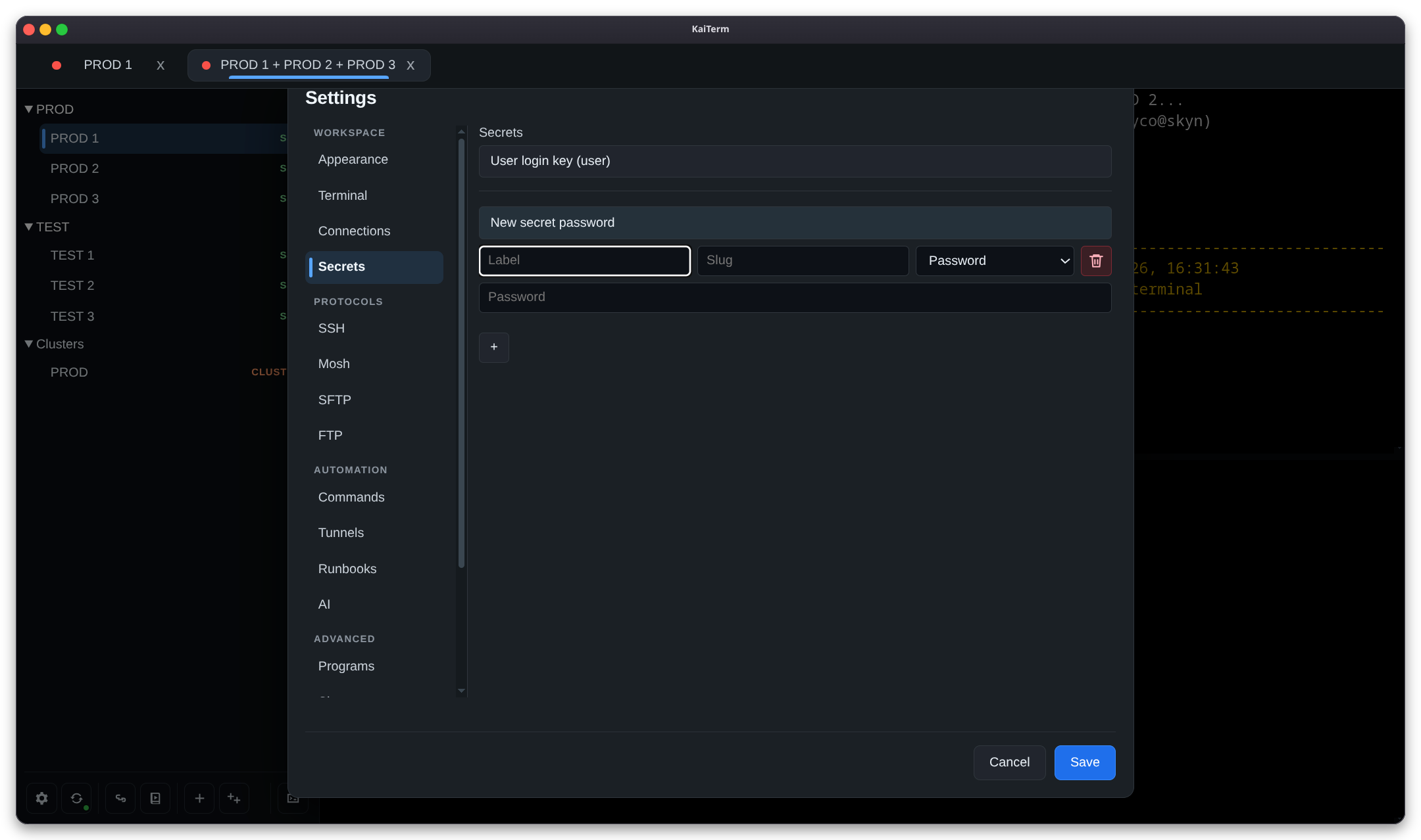 KaiTerm reusable secret settings.