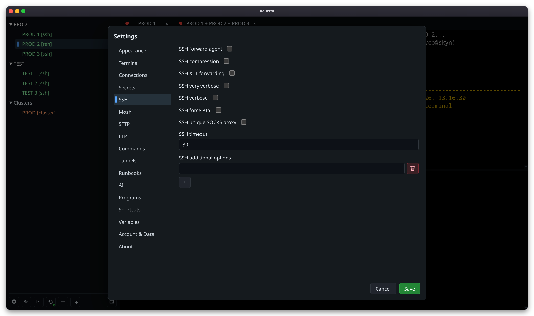 KaiTerm SSH settings.