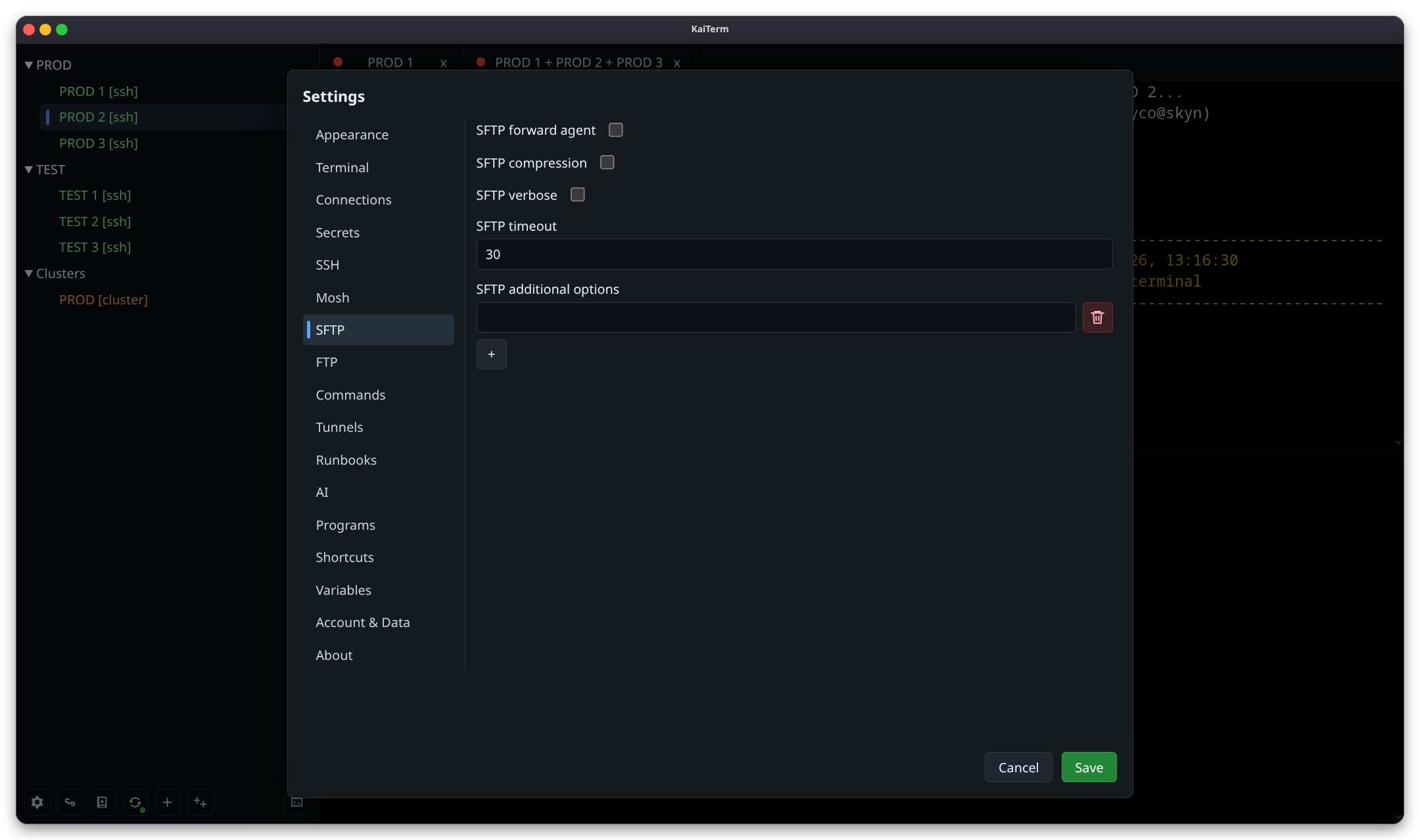 KaiTerm SFTP settings.