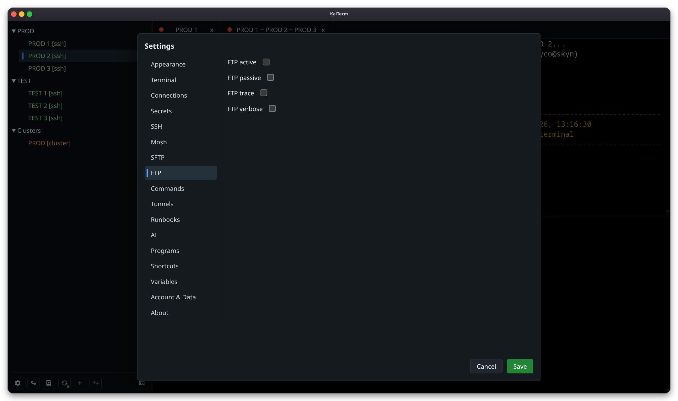 KaiTerm FTP settings.