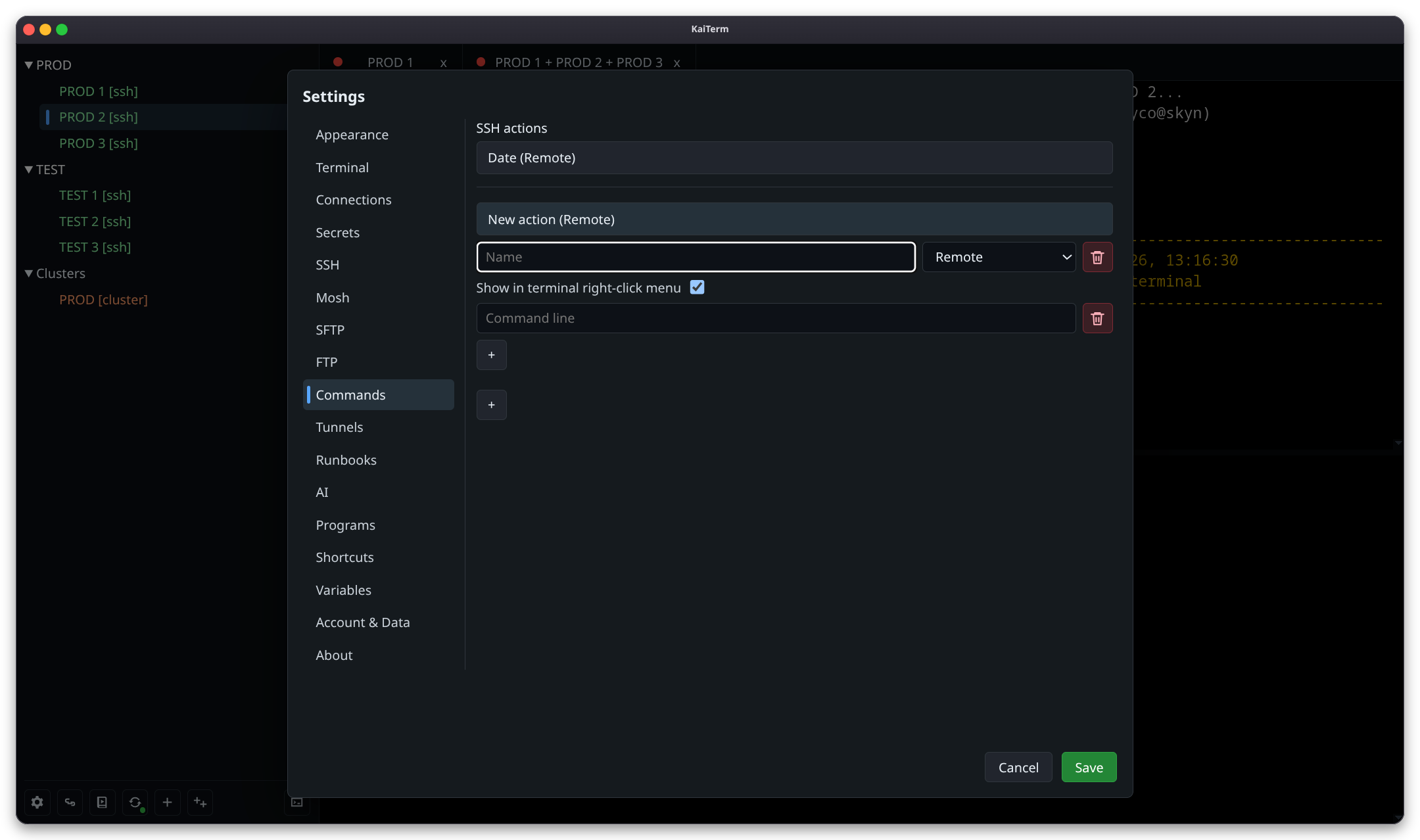 KaiTerm command action settings.
