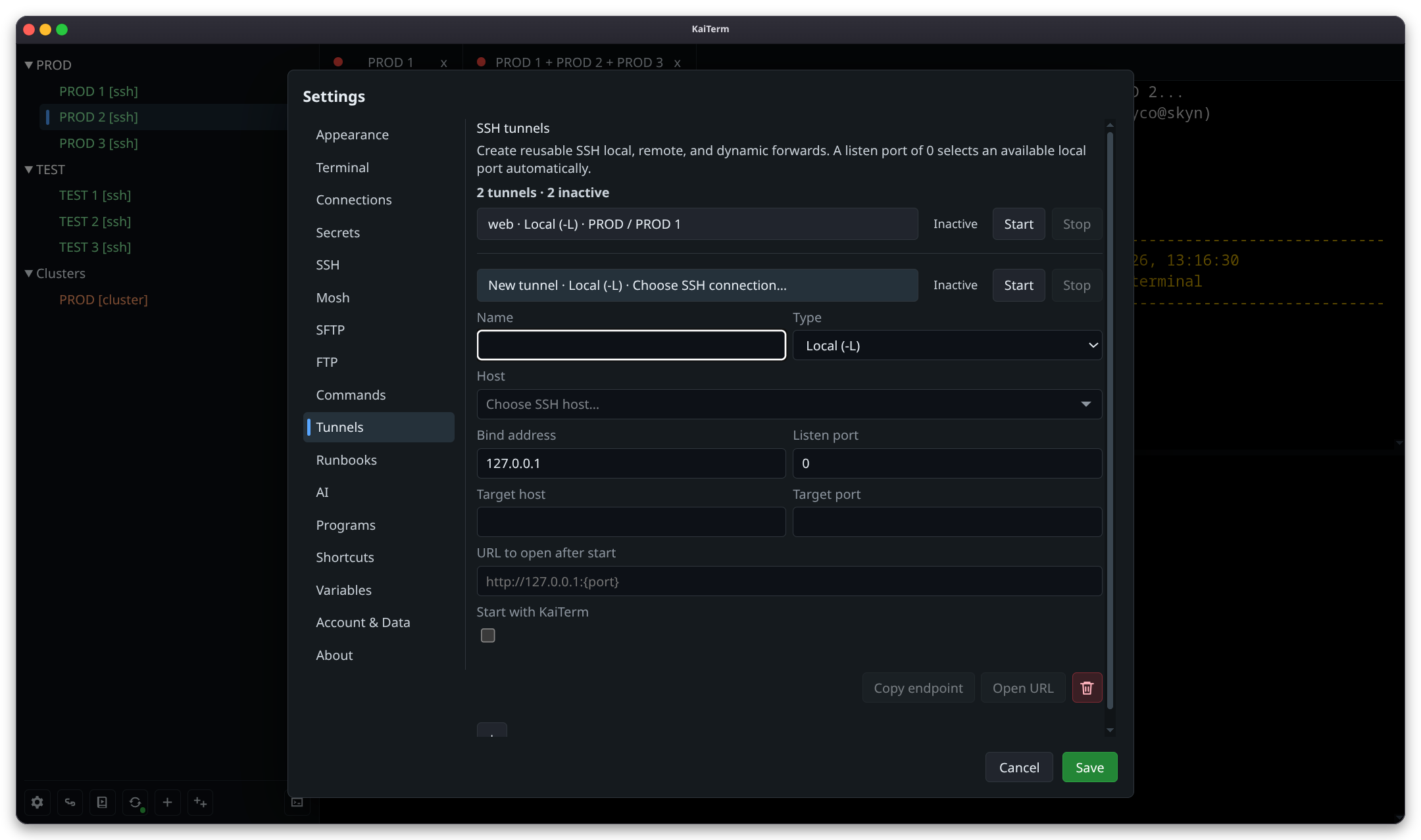 KaiTerm SSH tunnel settings.