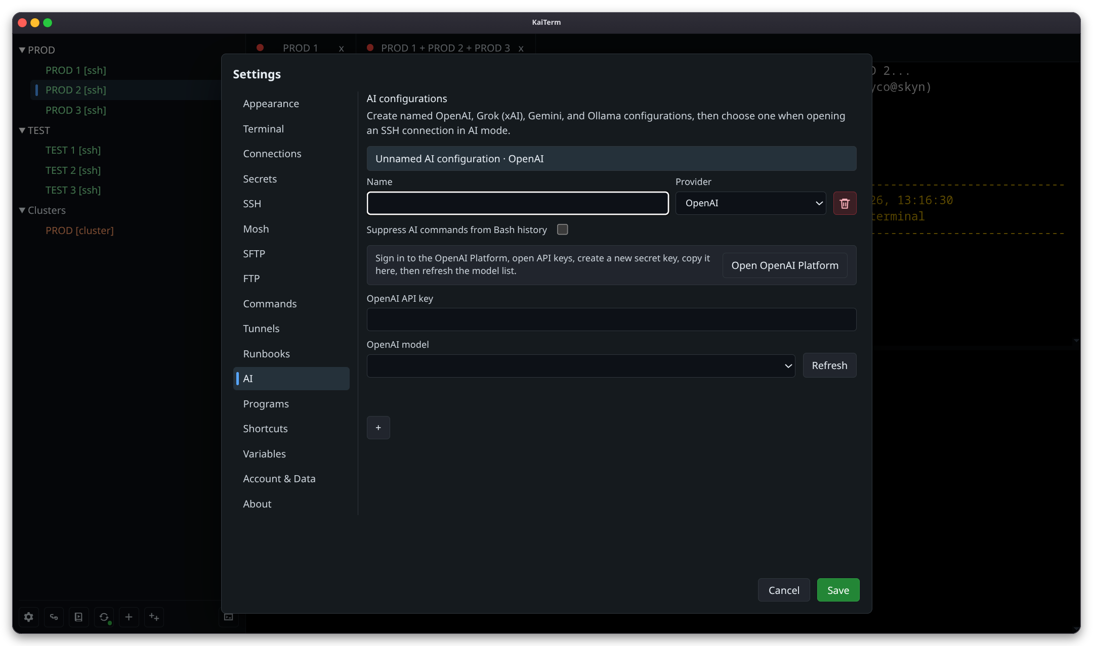 KaiTerm AI settings with named provider and model configurations.