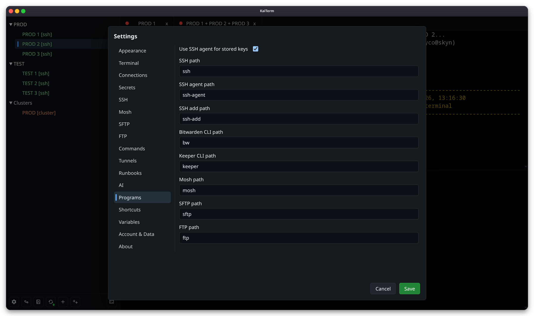 KaiTerm external program settings.