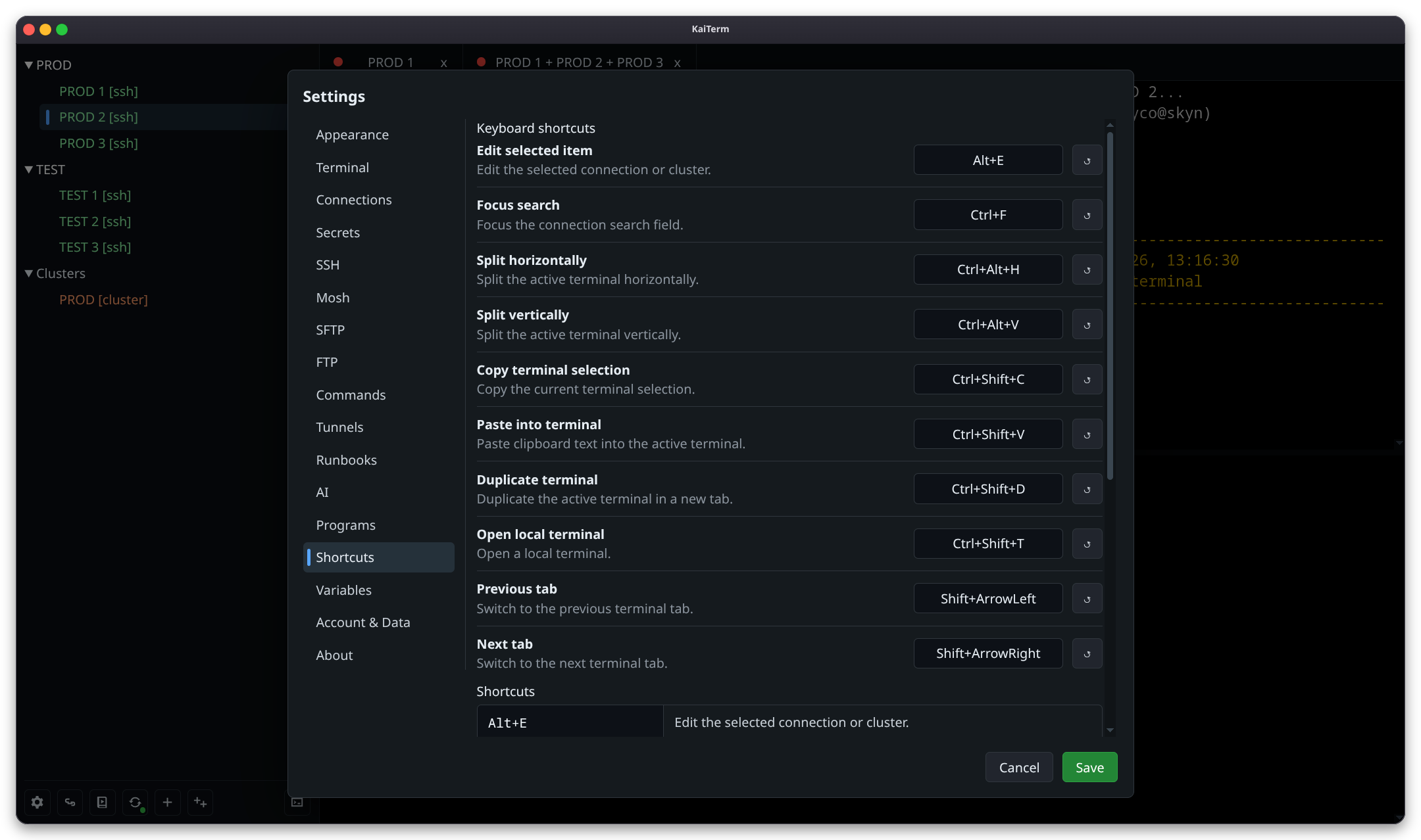 KaiTerm keyboard shortcut settings.