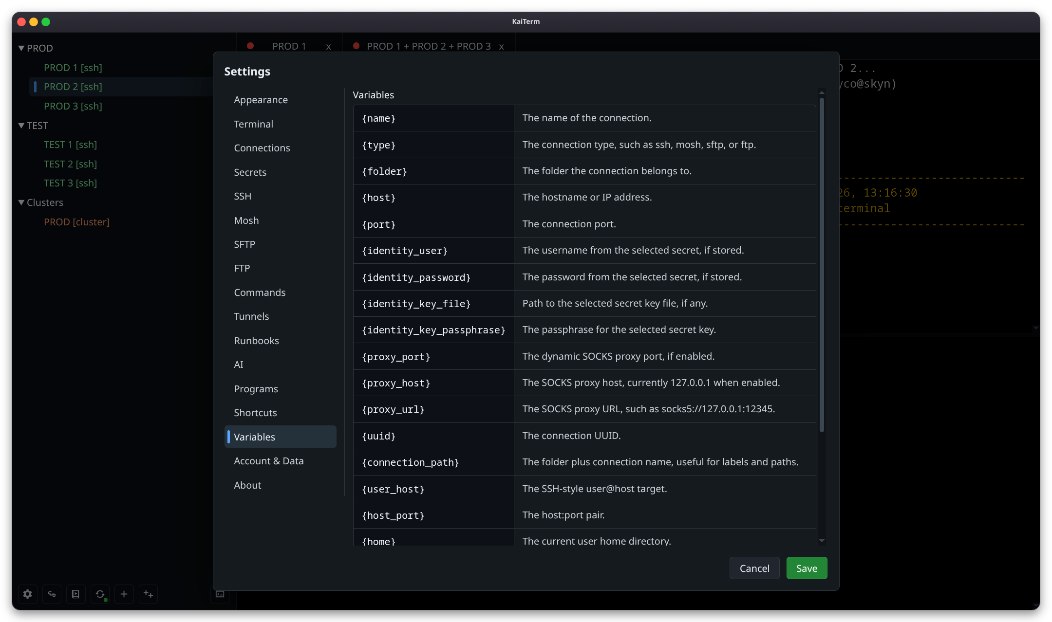 KaiTerm command template variable reference.