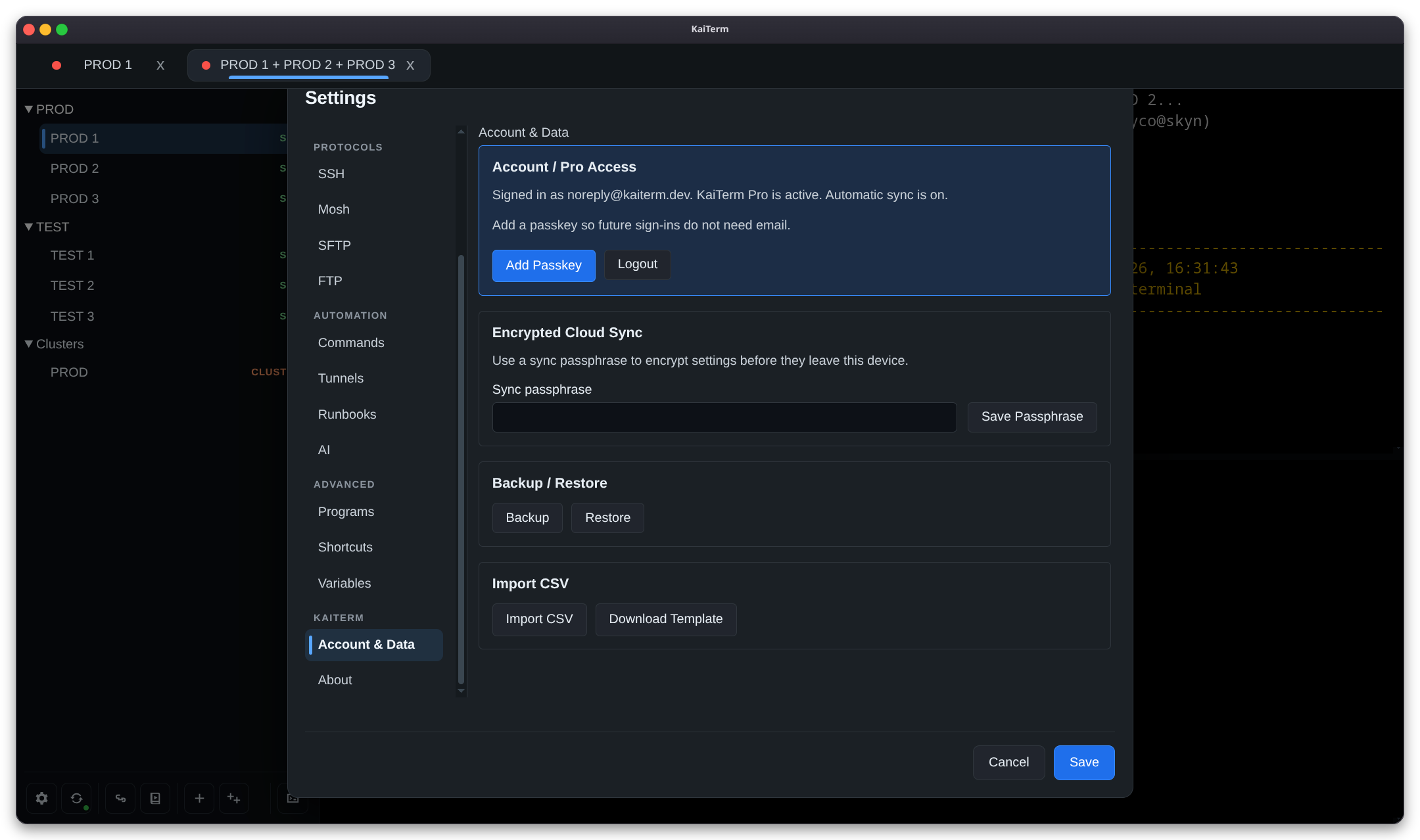 KaiTerm account, encrypted sync, backup, restore, and import settings.