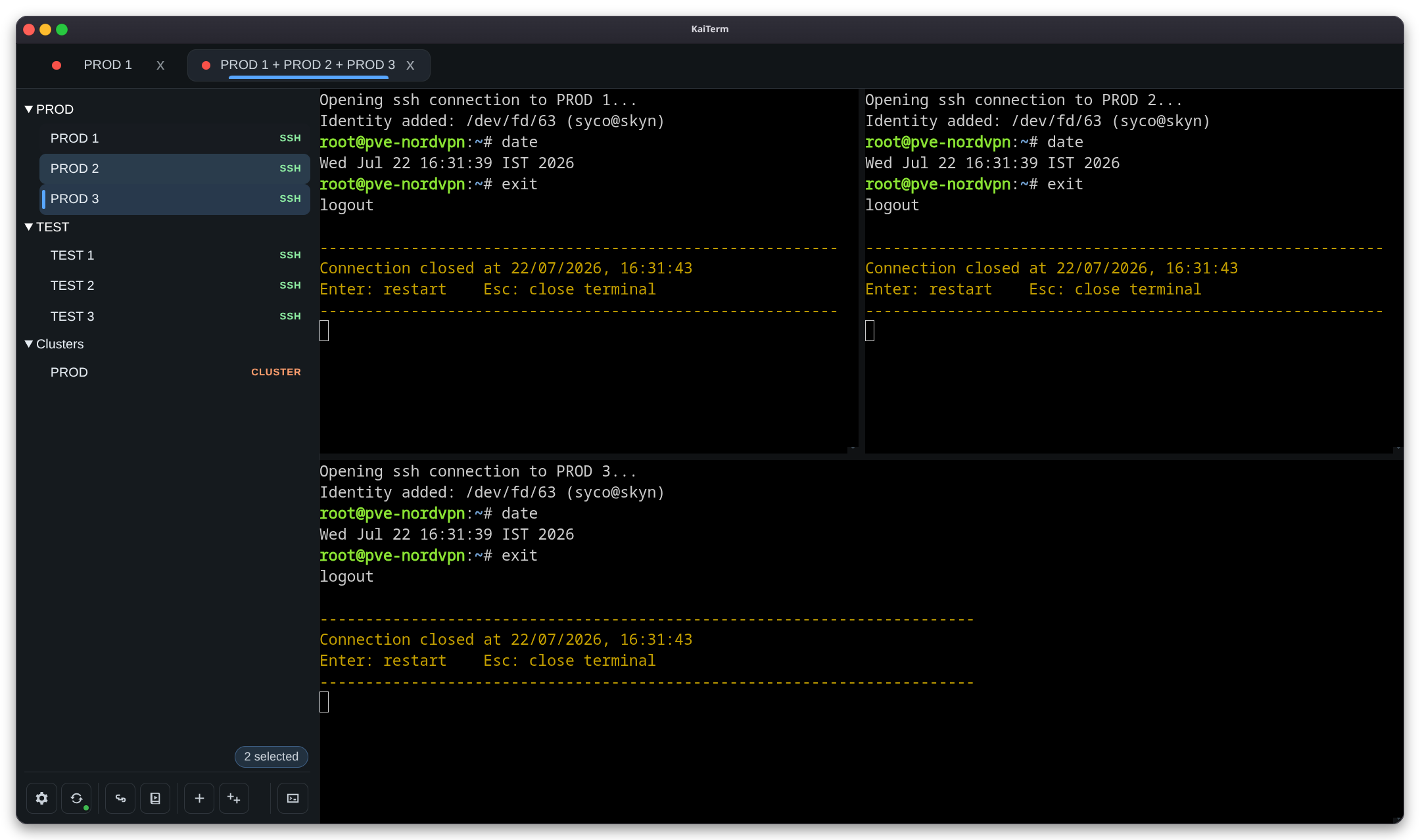 KaiTerm connection tree with two SSH connections selected and a persistent selection count.
