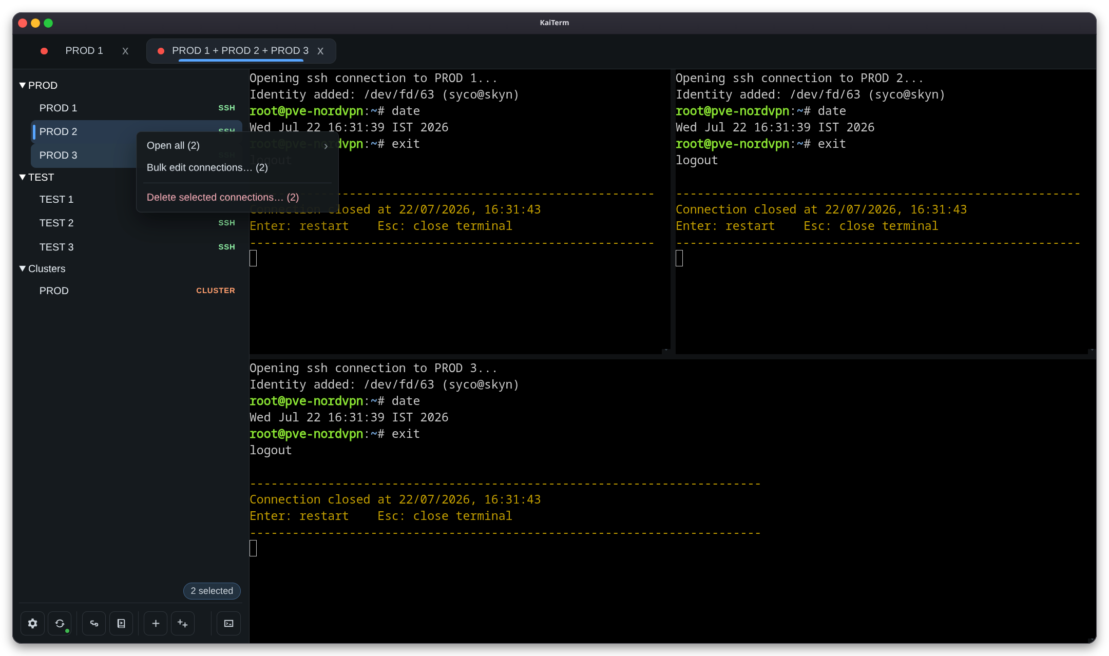 KaiTerm connection tree with multiple SSH connections selected and their bulk action menu open.