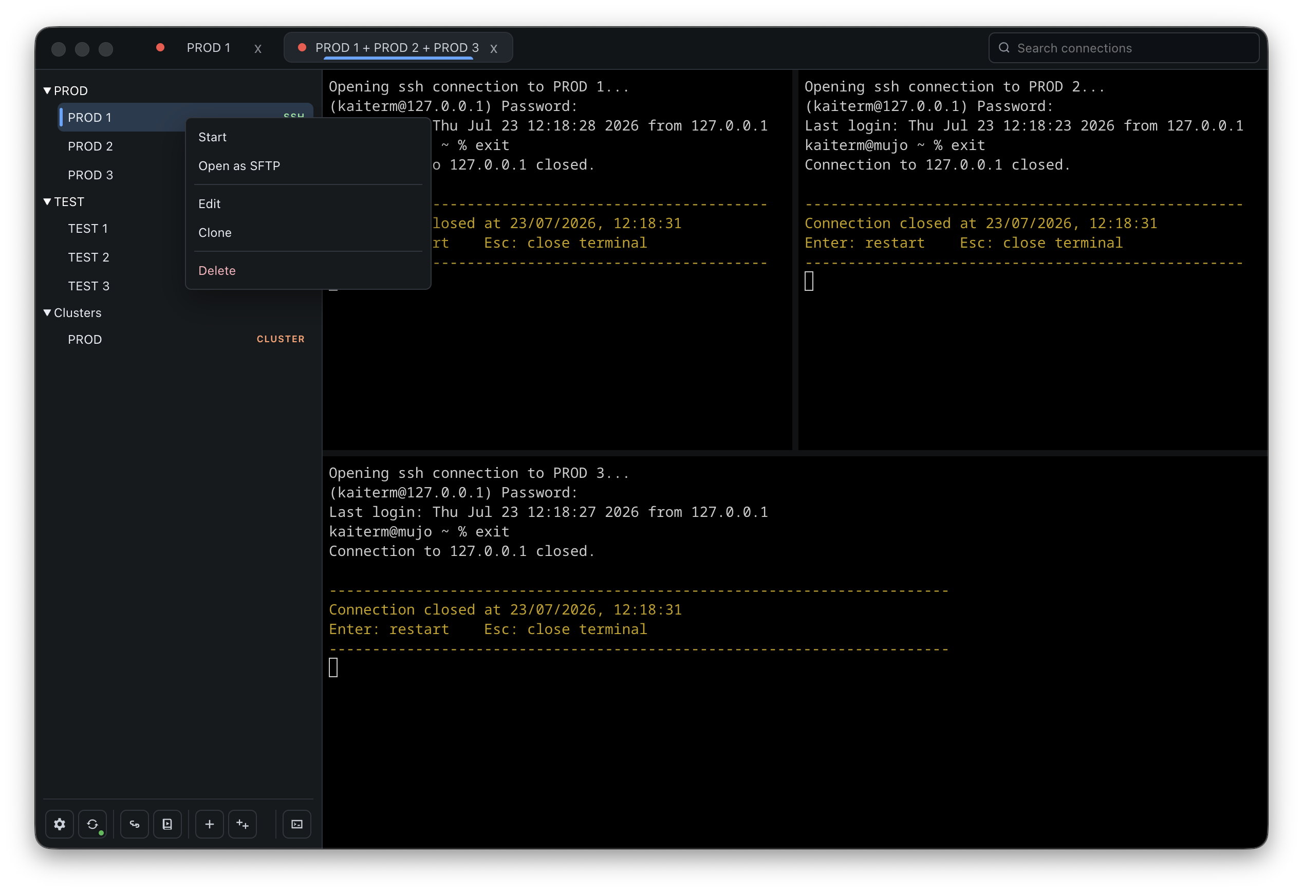KaiTerm connection context menu with start, SFTP, edit, clone, and delete actions.