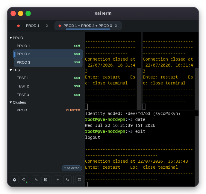 KaiTerm connection tree, title tabs, and split terminals arranged in a narrow desktop window.