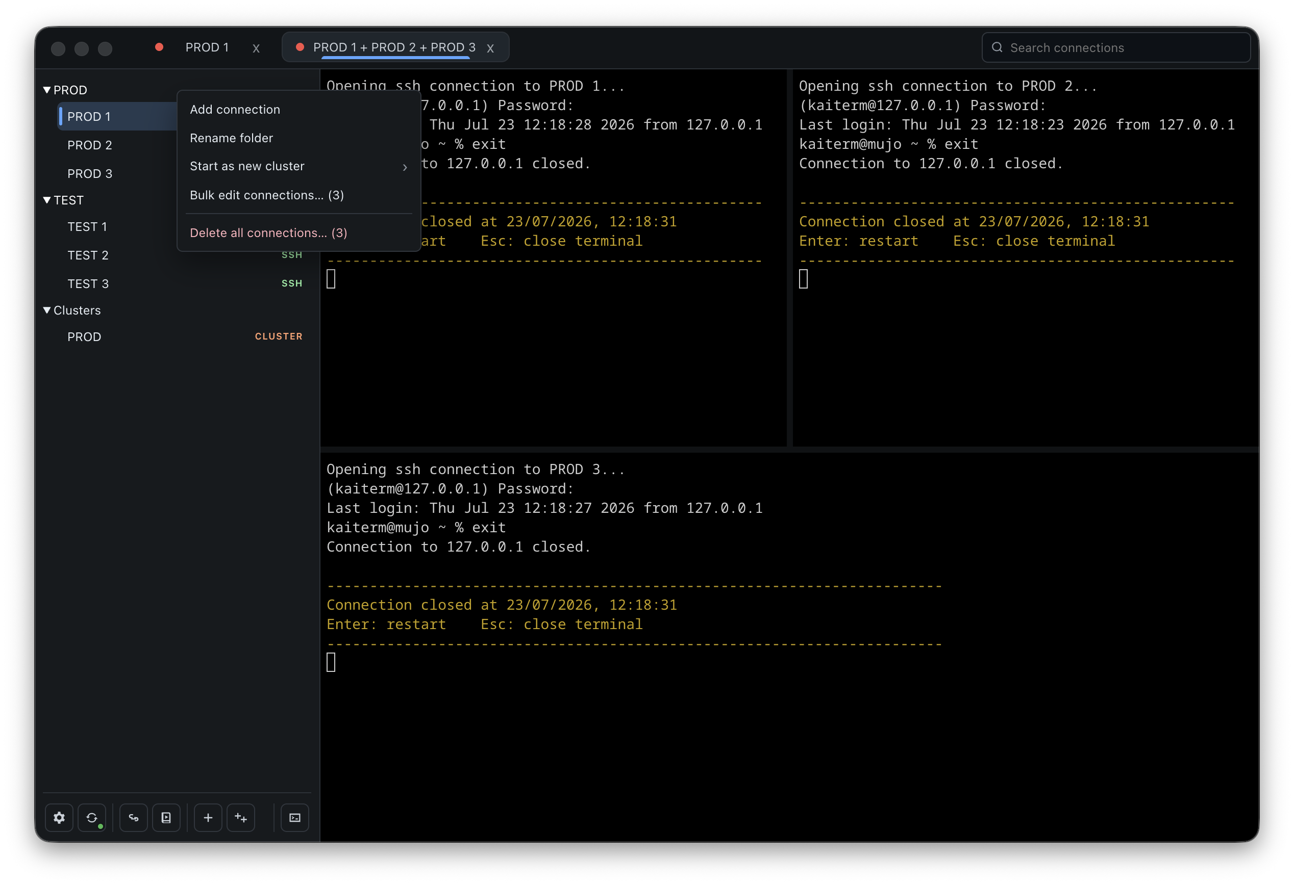 KaiTerm folder context menu with connection creation, rename, cluster launch, bulk edit, and delete actions.