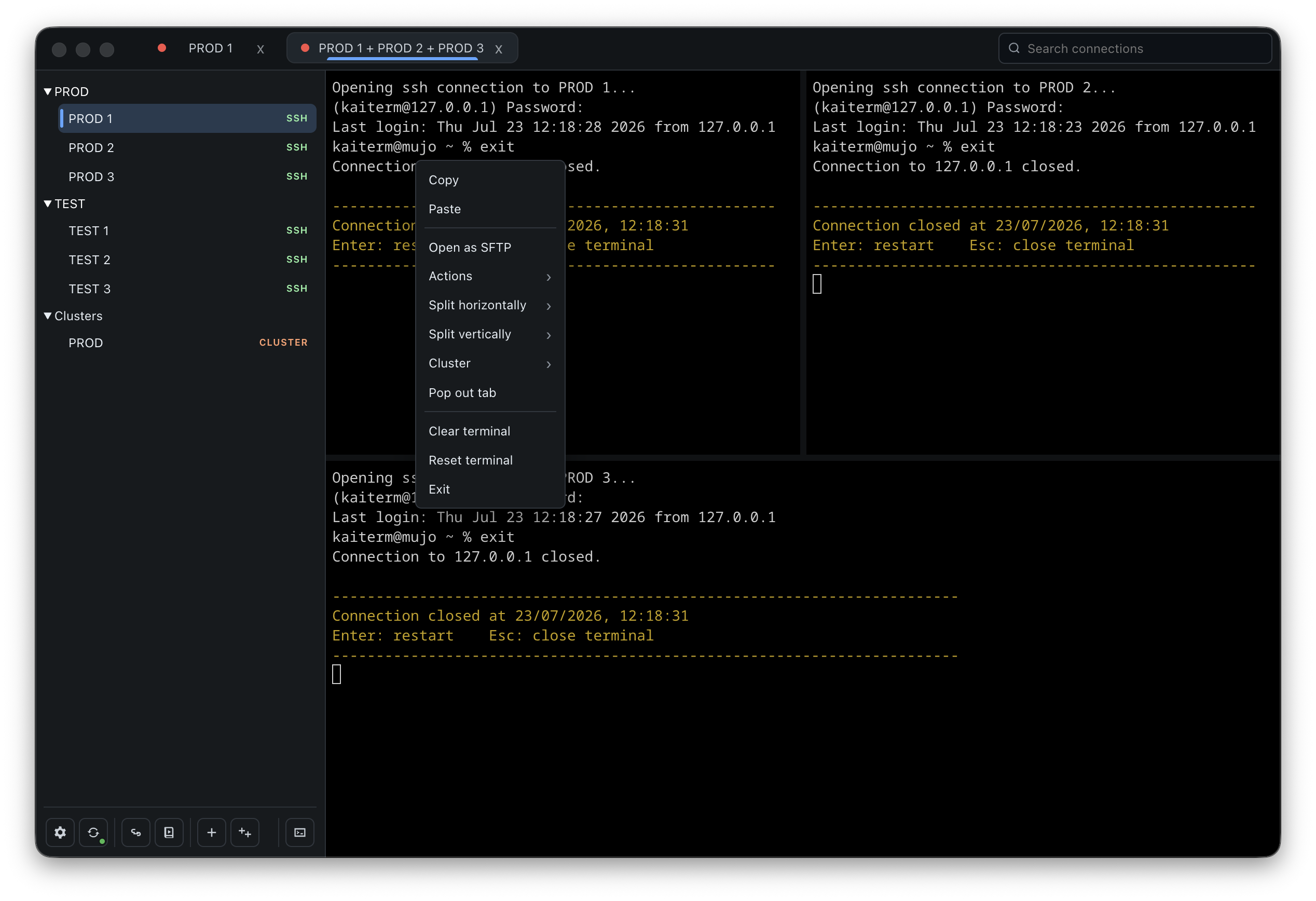 KaiTerm terminal context menu with clipboard, SFTP, action, split, cluster, pop-out, reset, and exit controls.