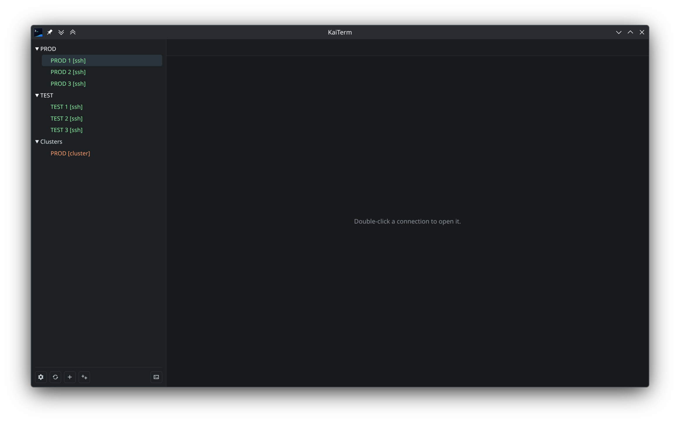 KaiTerm connection tree with folders and saved SSH connections.