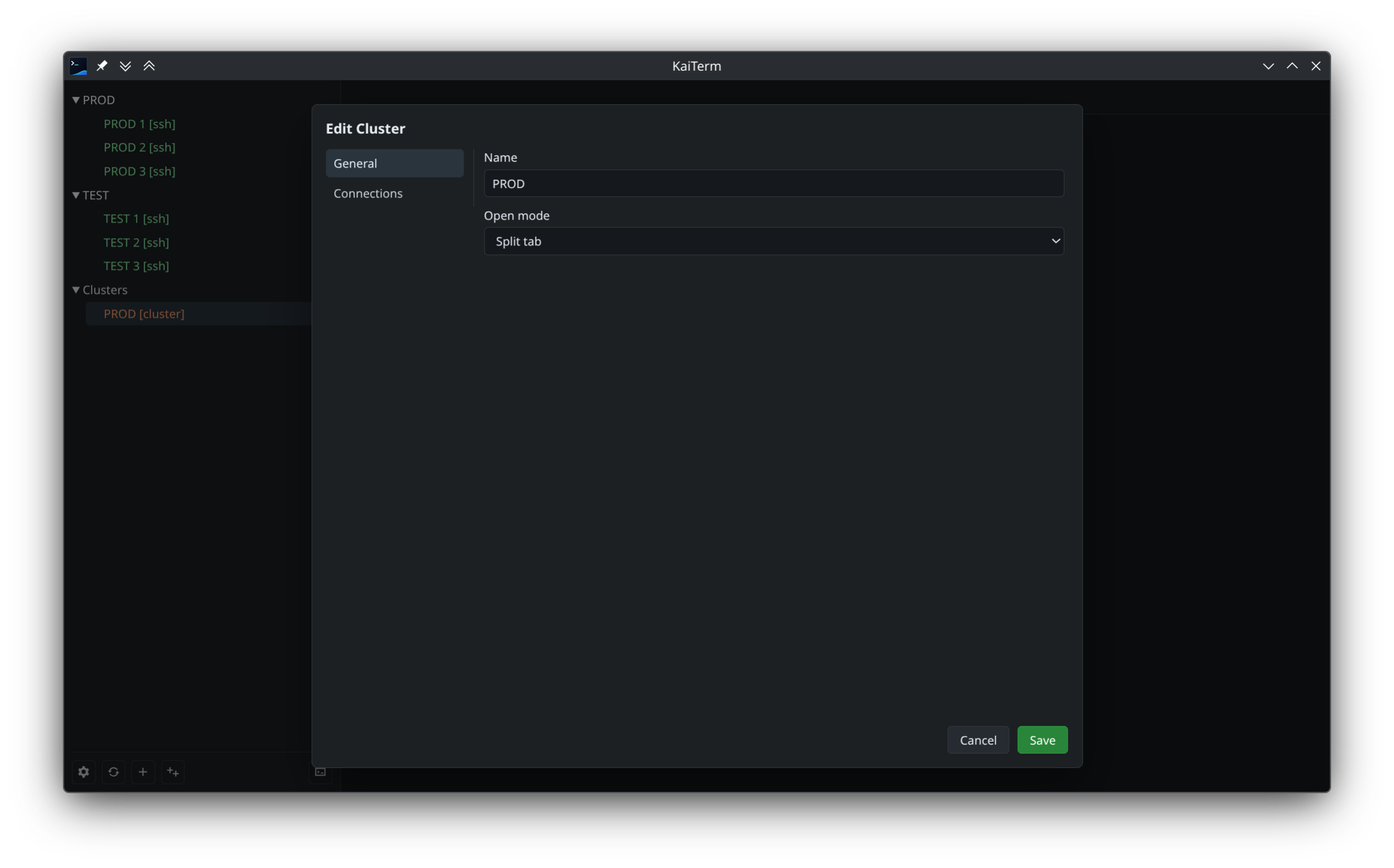 KaiTerm cluster editor for launching grouped connections.