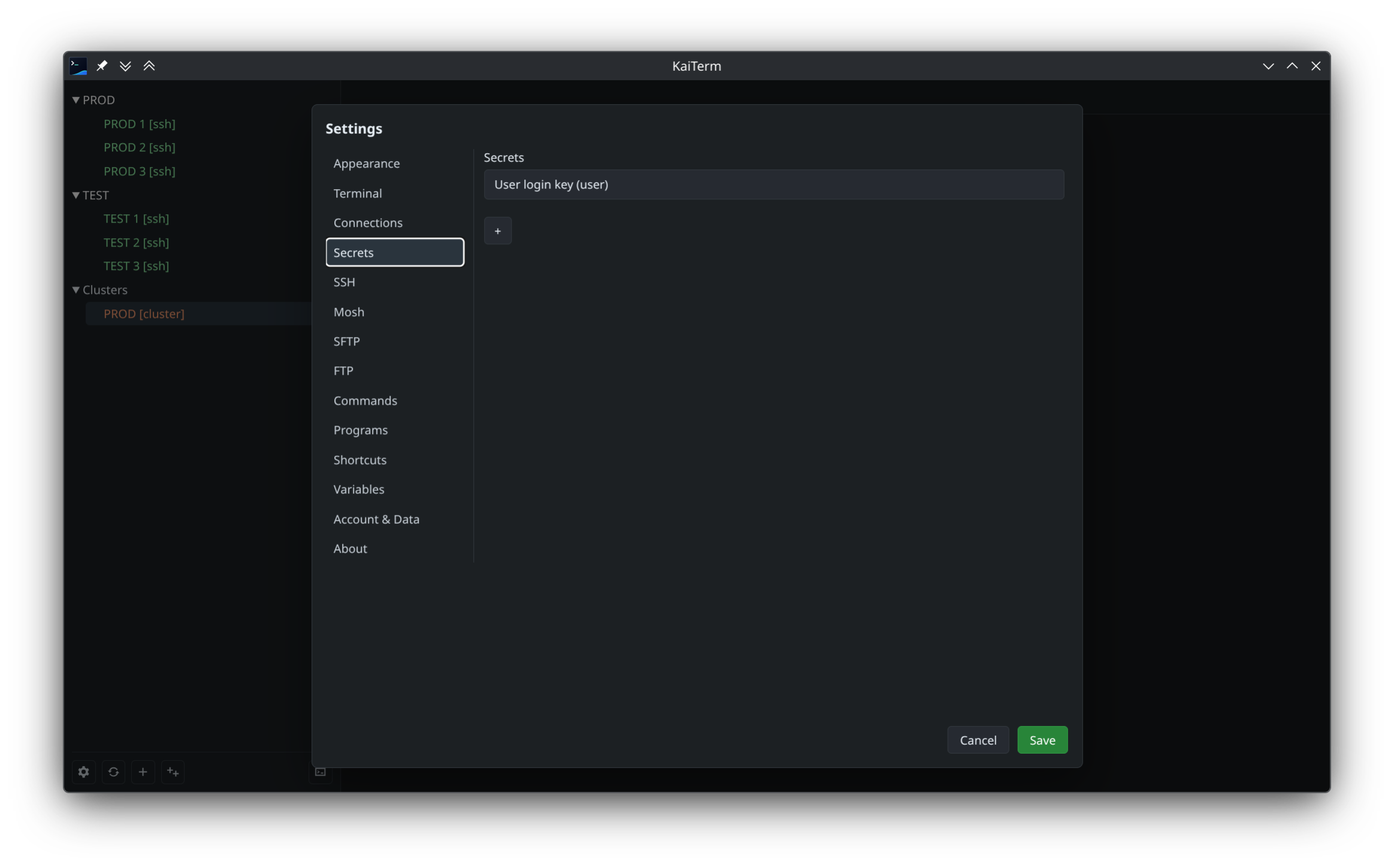 KaiTerm reusable secrets settings.