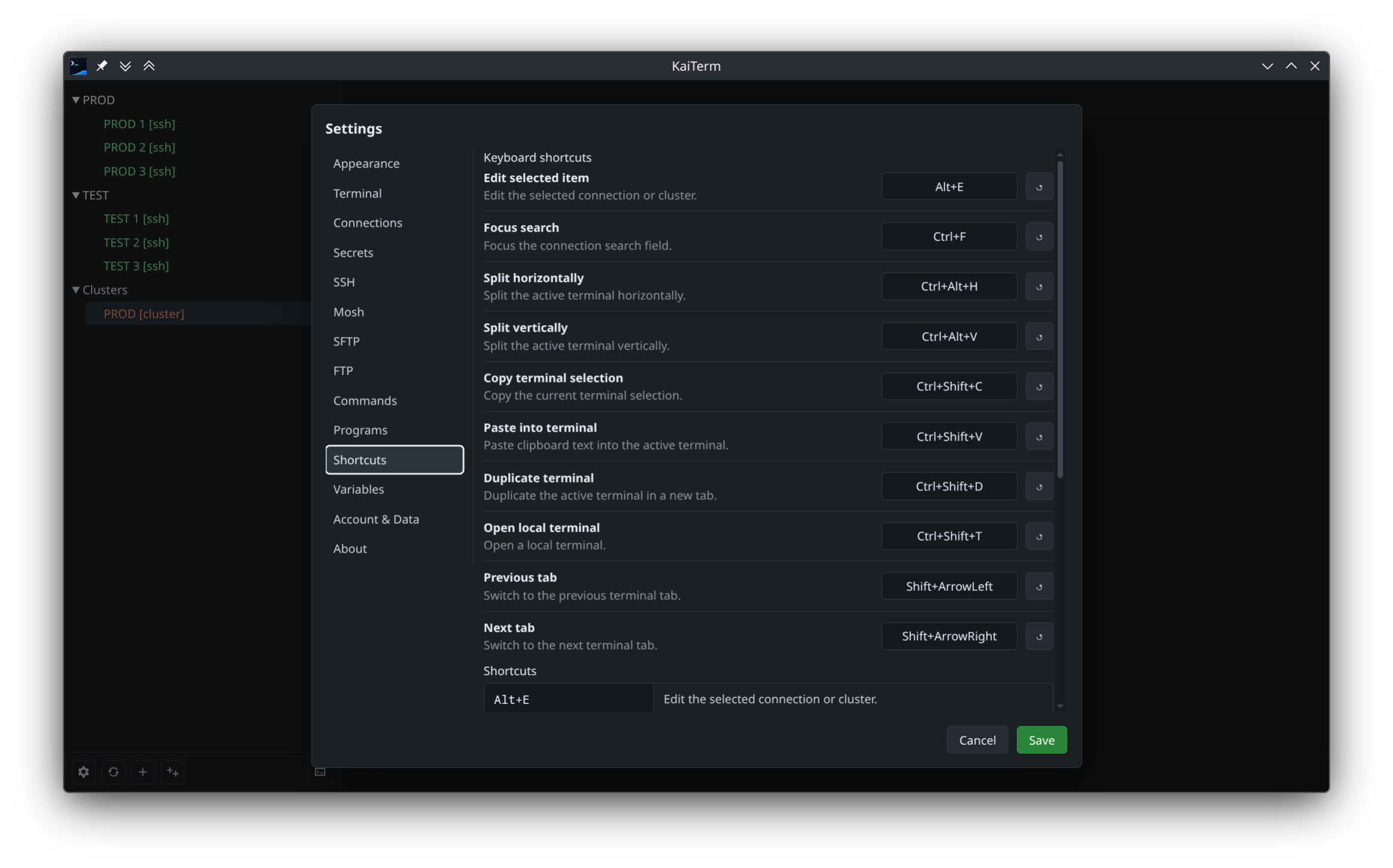 KaiTerm command action settings.