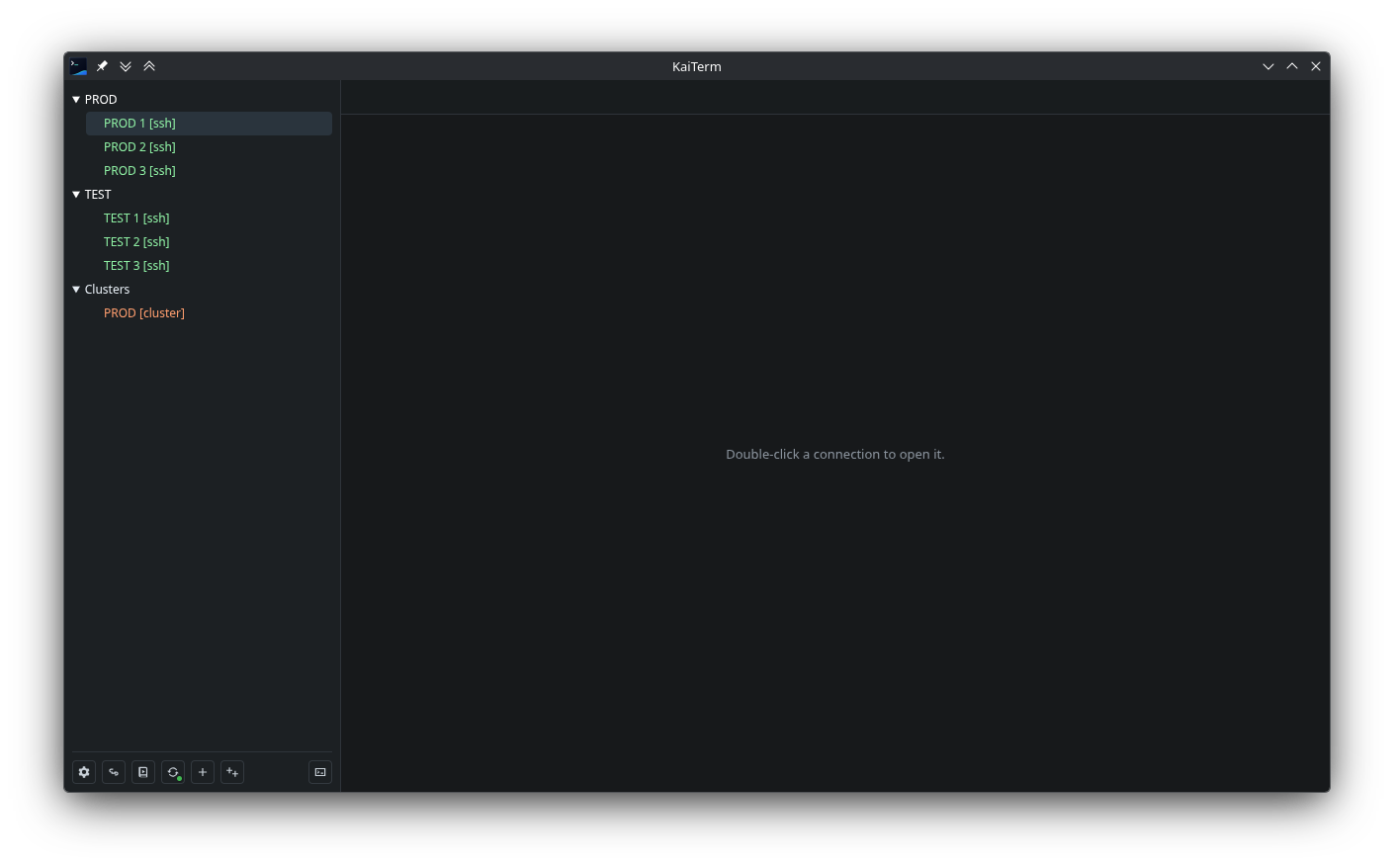 KaiTerm connection tree with folders and saved SSH connections.
