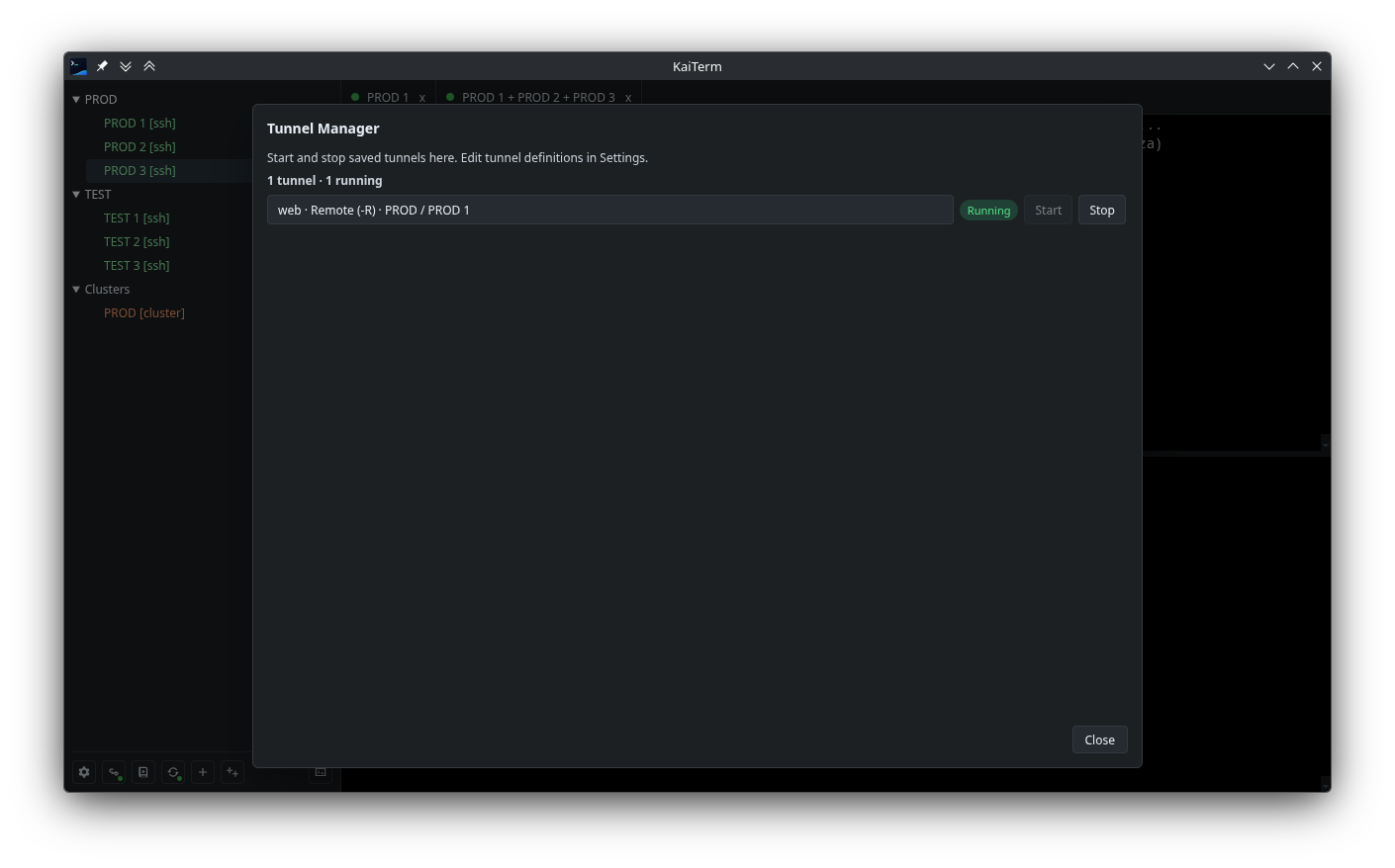 KaiTerm Tunnel Manager showing a saved SSH tunnel and its status.