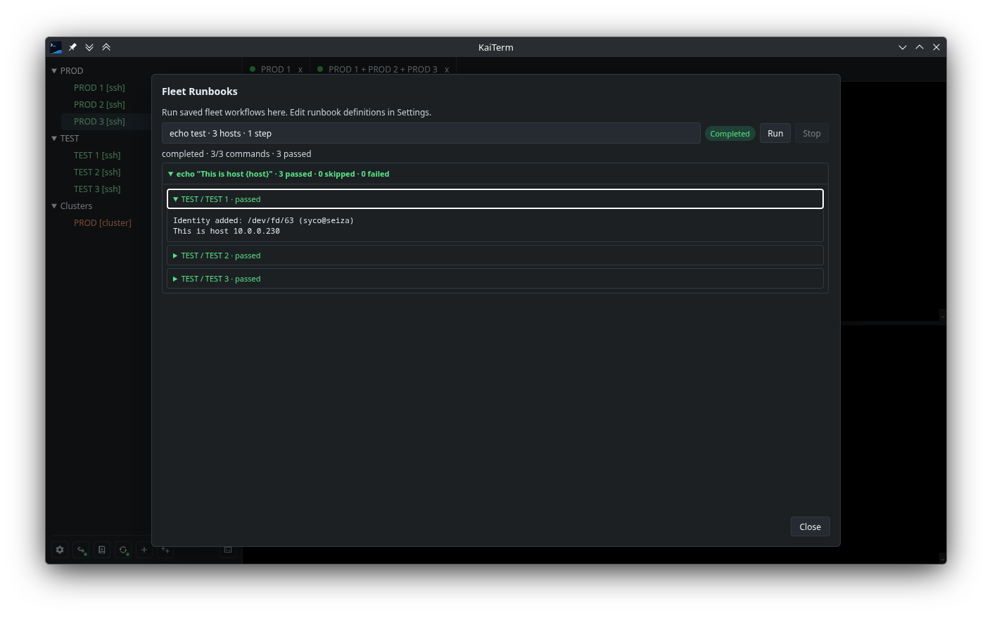 KaiTerm Fleet Runbook showing command and per-host results.