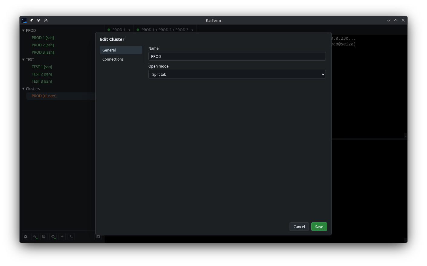 KaiTerm cluster editor for launching grouped connections.