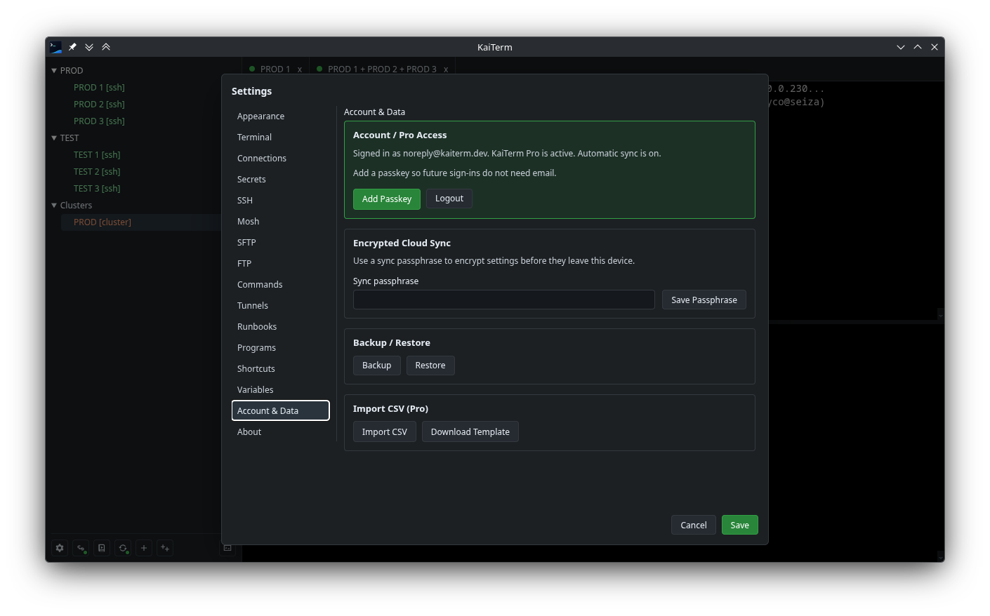 KaiTerm account, encrypted sync, backup, and import settings.
