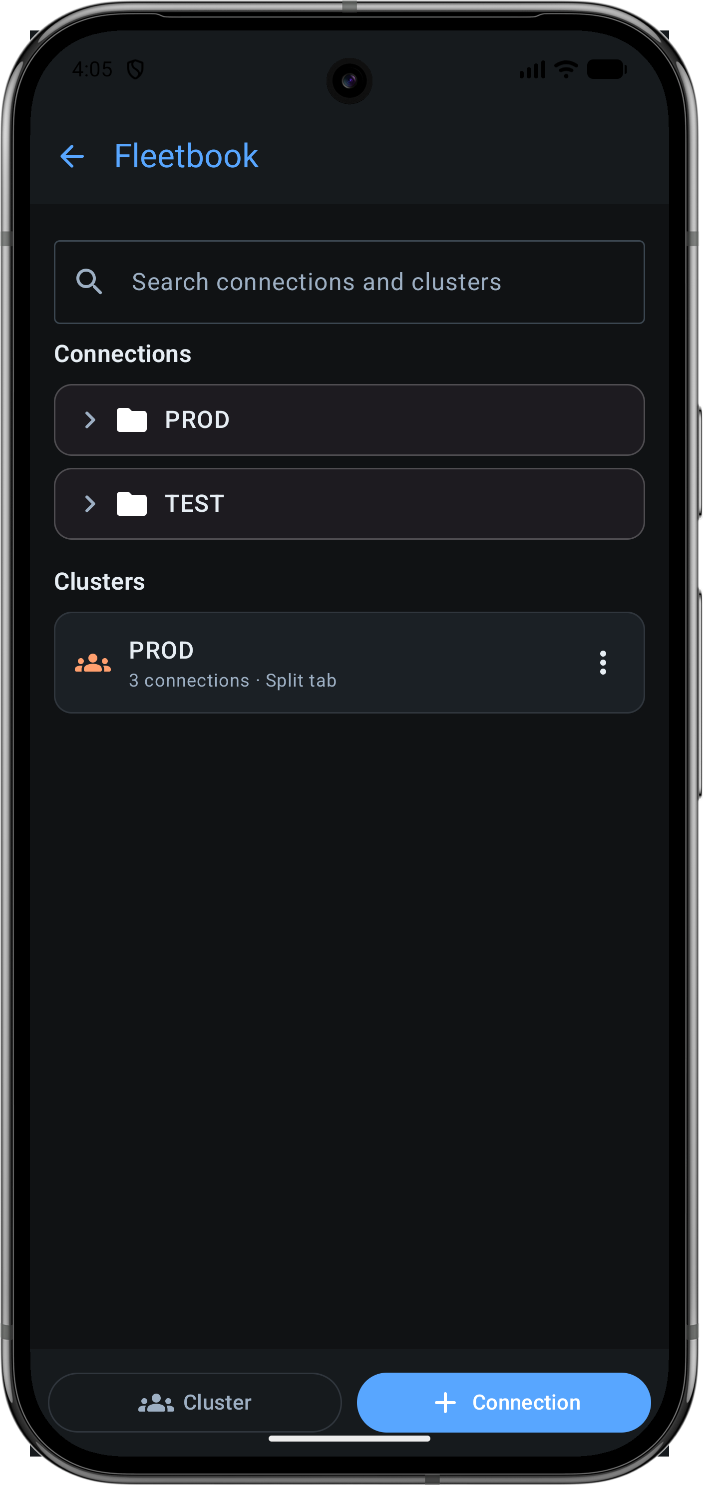 KaiTerm Fleetbook connection list on Android.