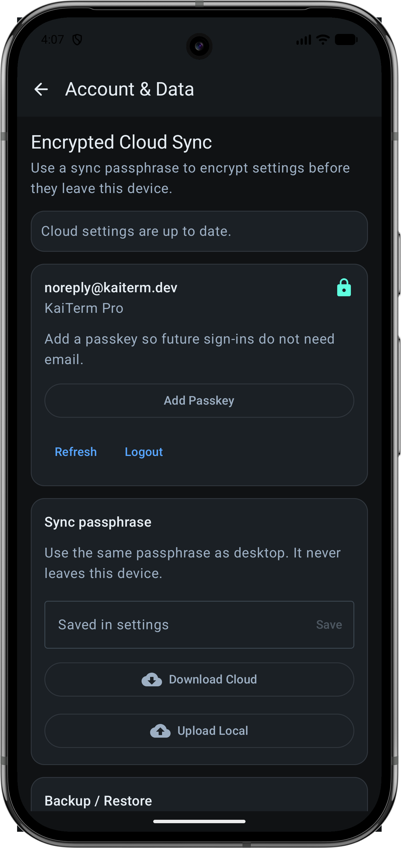 KaiTerm account settings on Android.