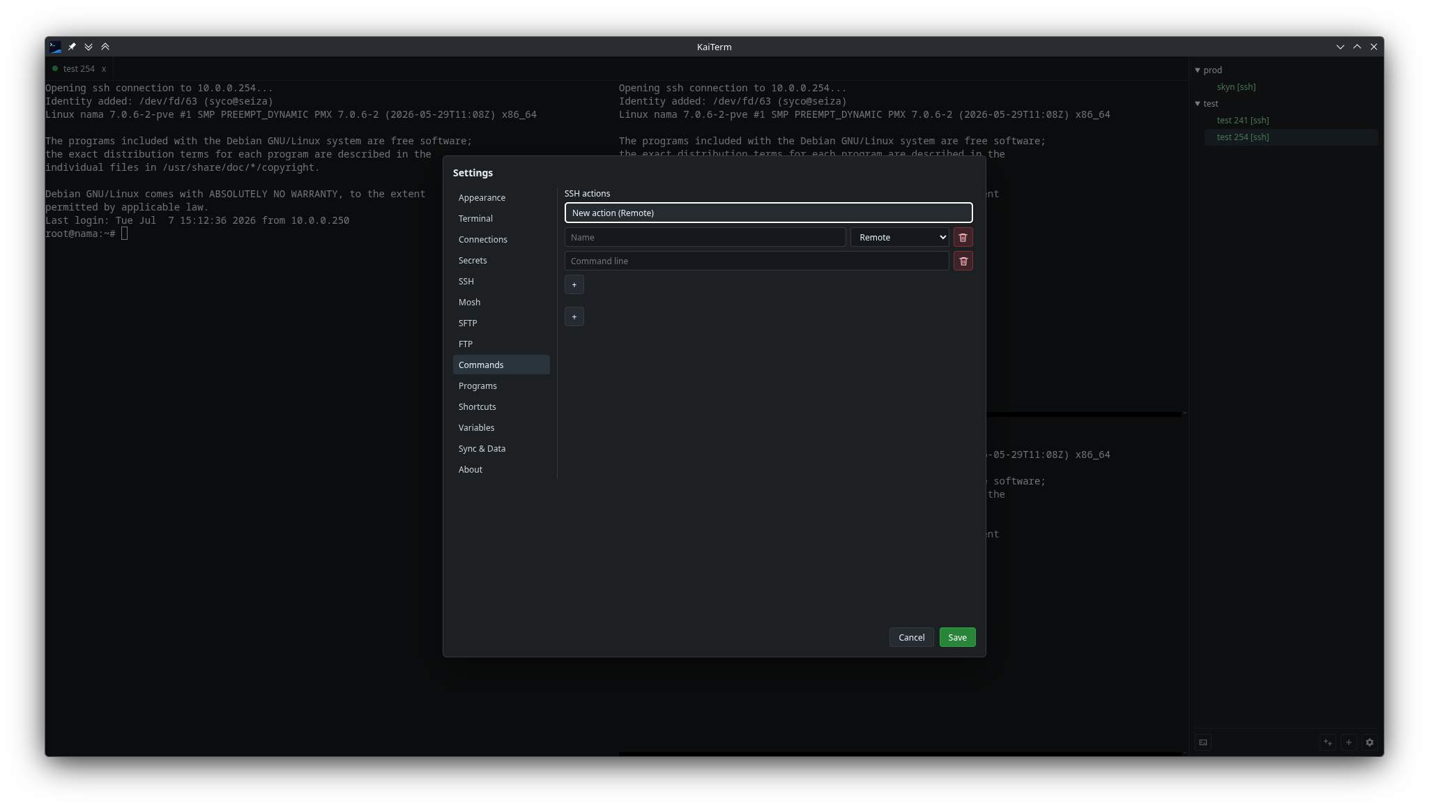 KaiTerm command action settings.