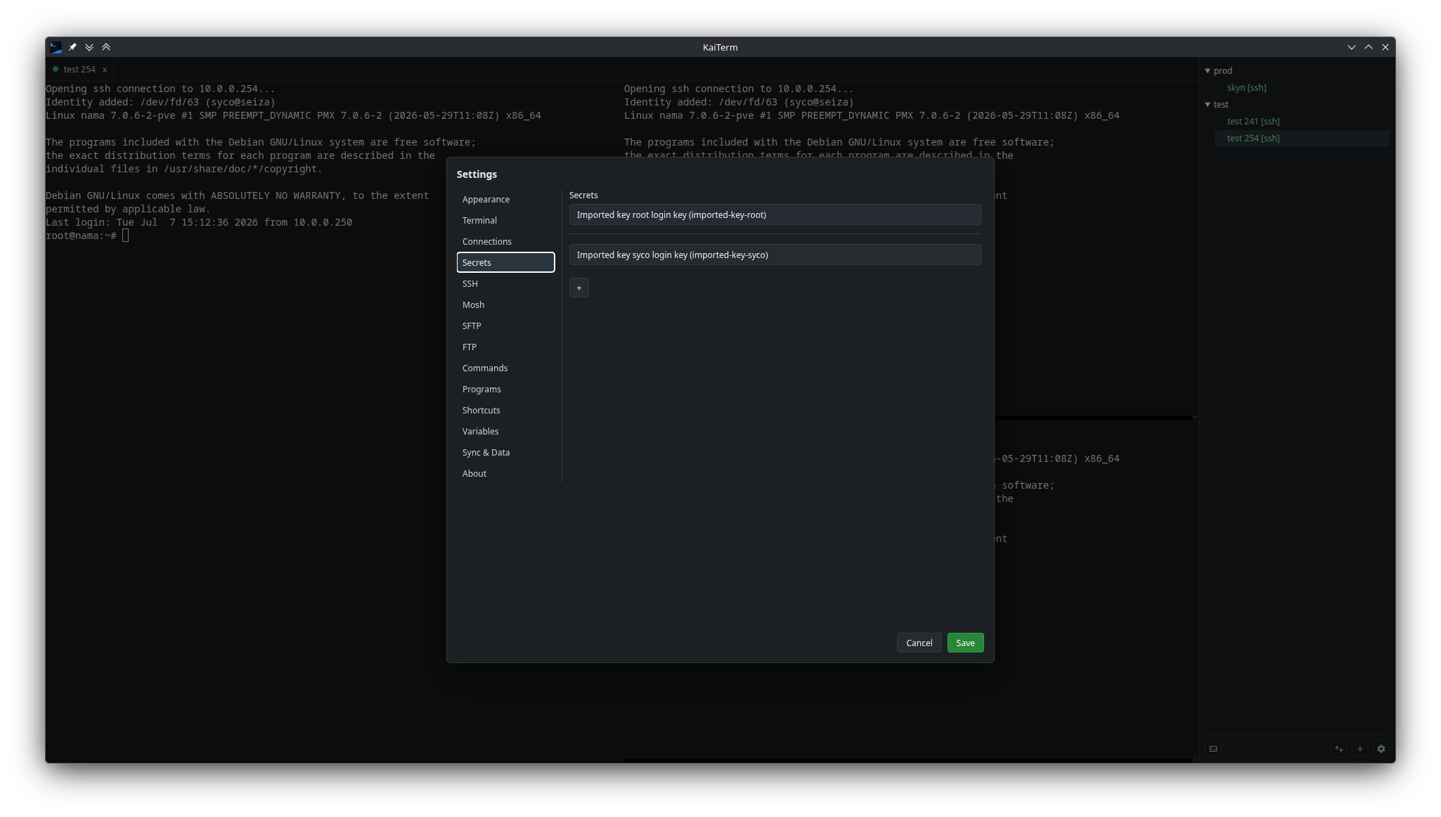 KaiTerm reusable secrets settings.