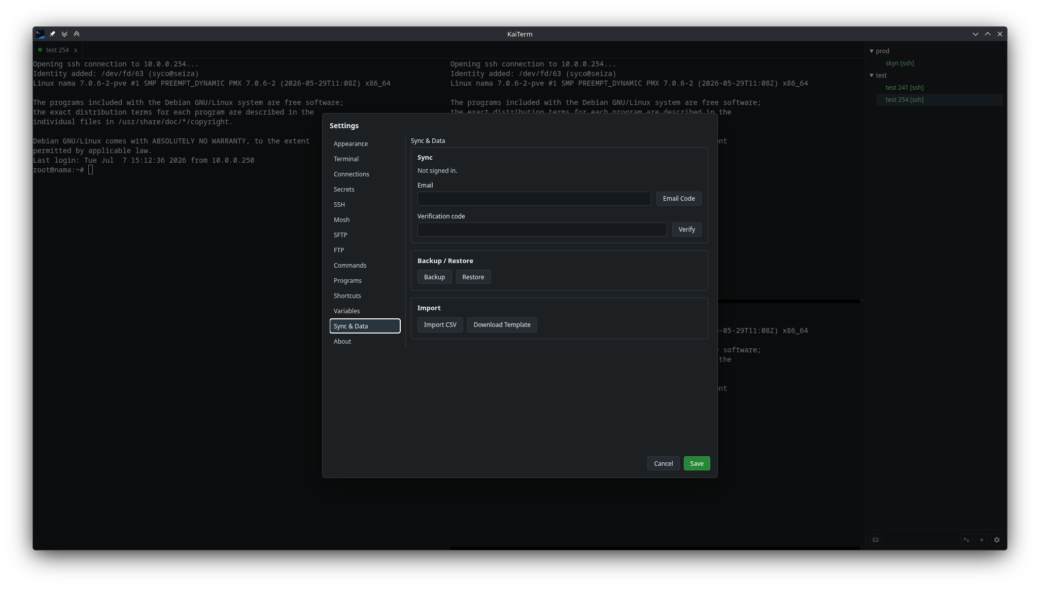KaiTerm sync and backup settings.