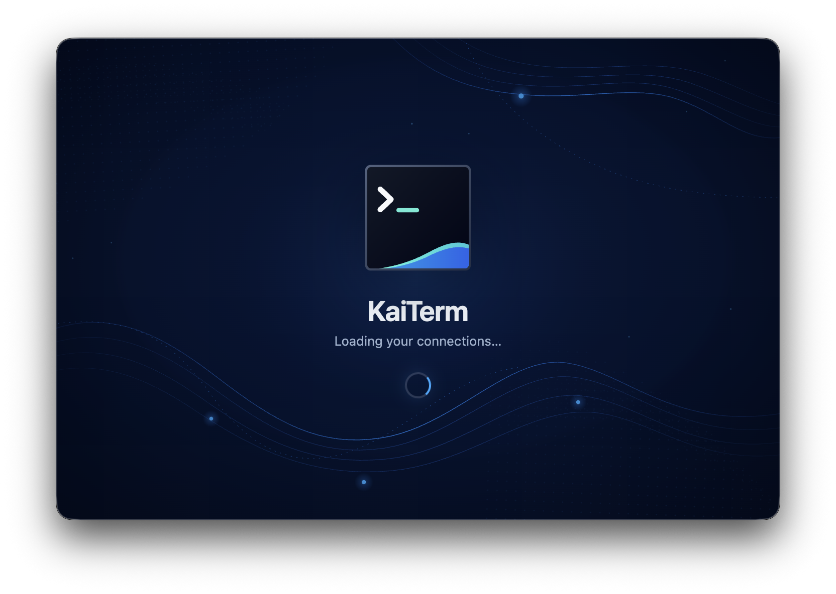 KaiTerm startup splash with its logo, animated backdrop, and loading indicator.