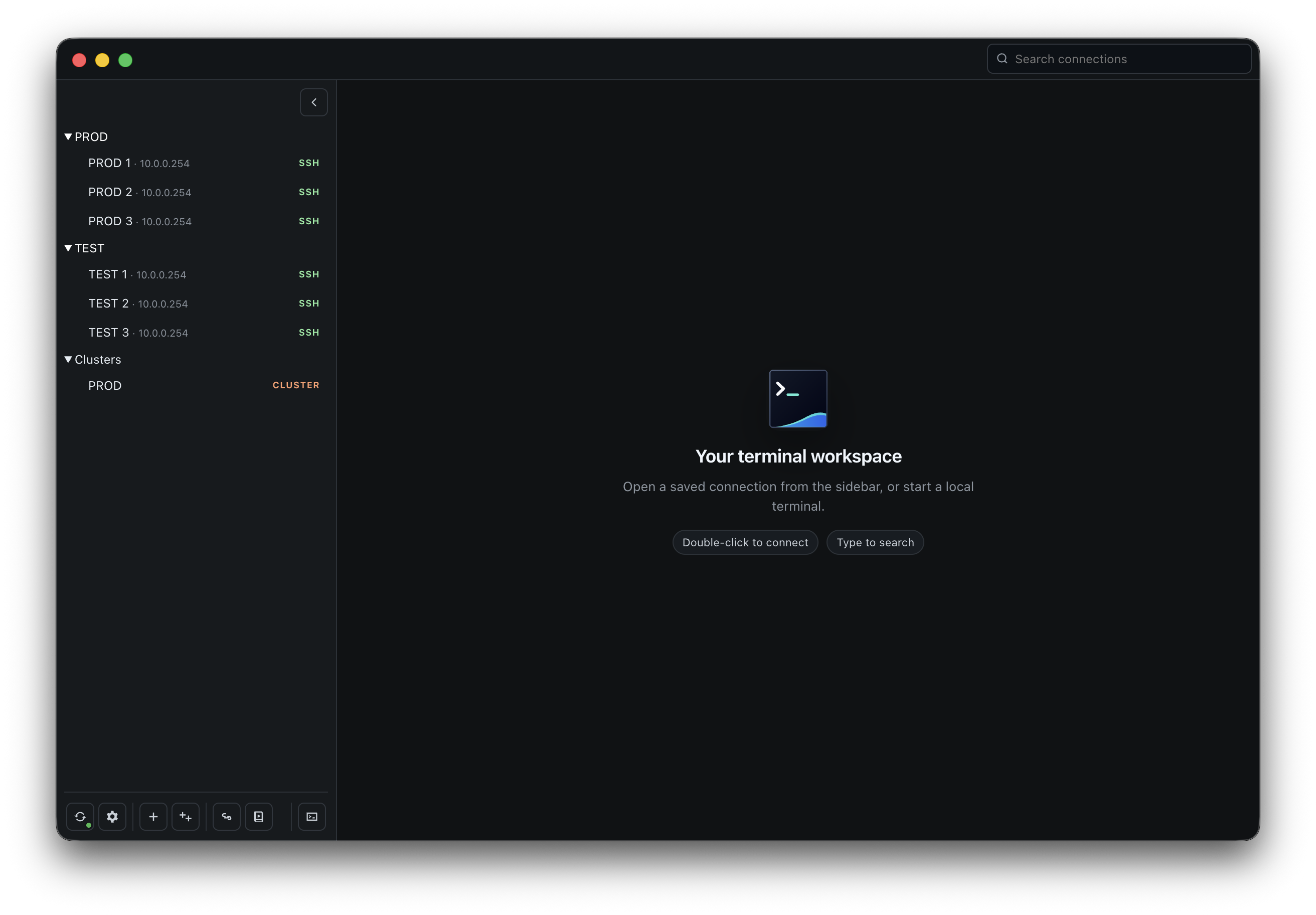 KaiTerm connection tree and empty terminal workspace.