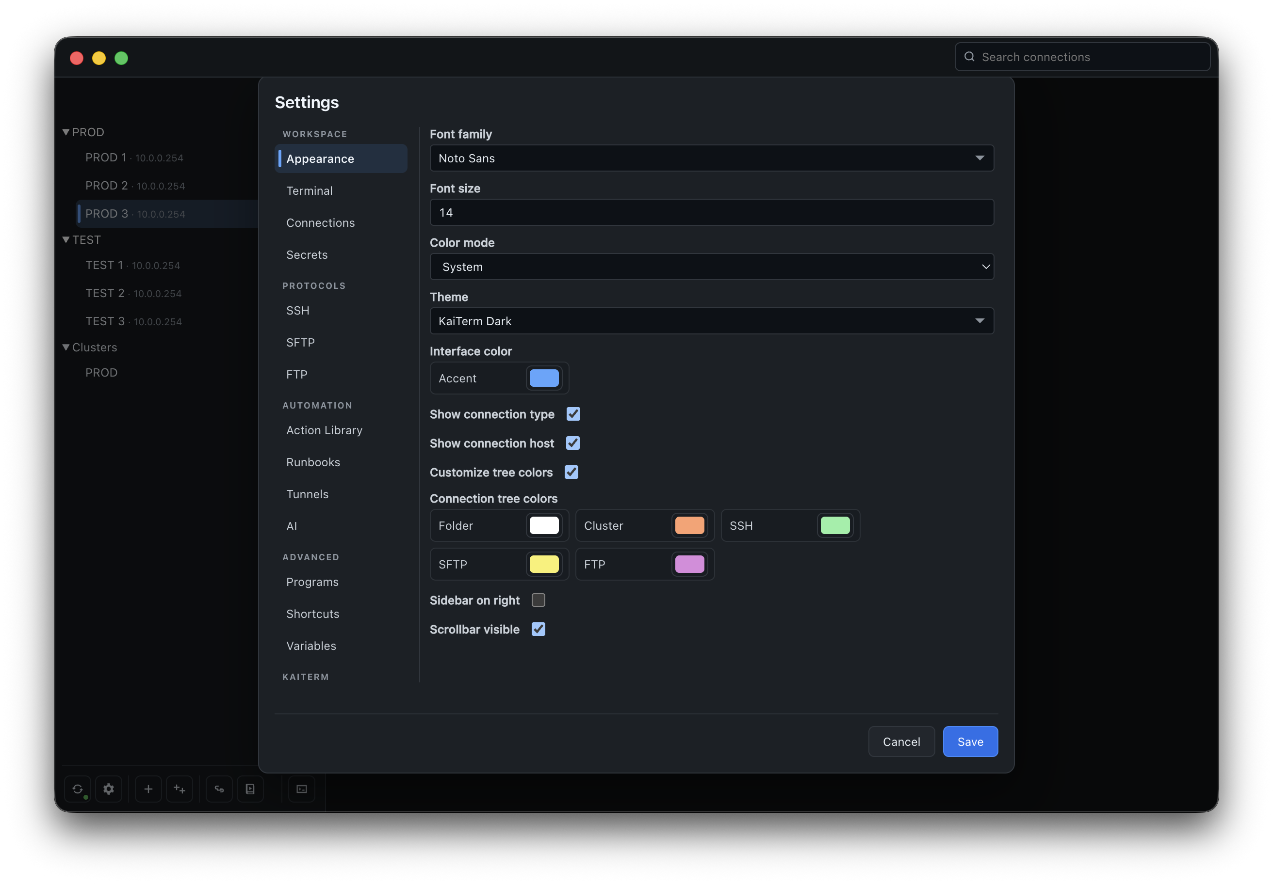 KaiTerm appearance settings.