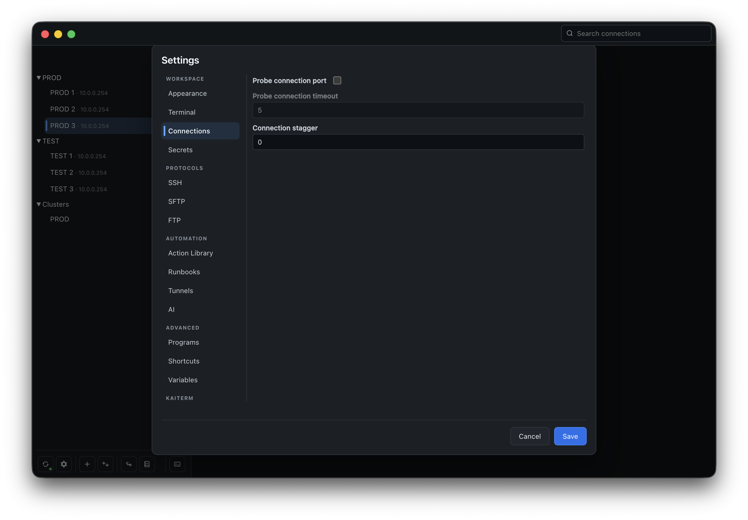 KaiTerm global connection settings.