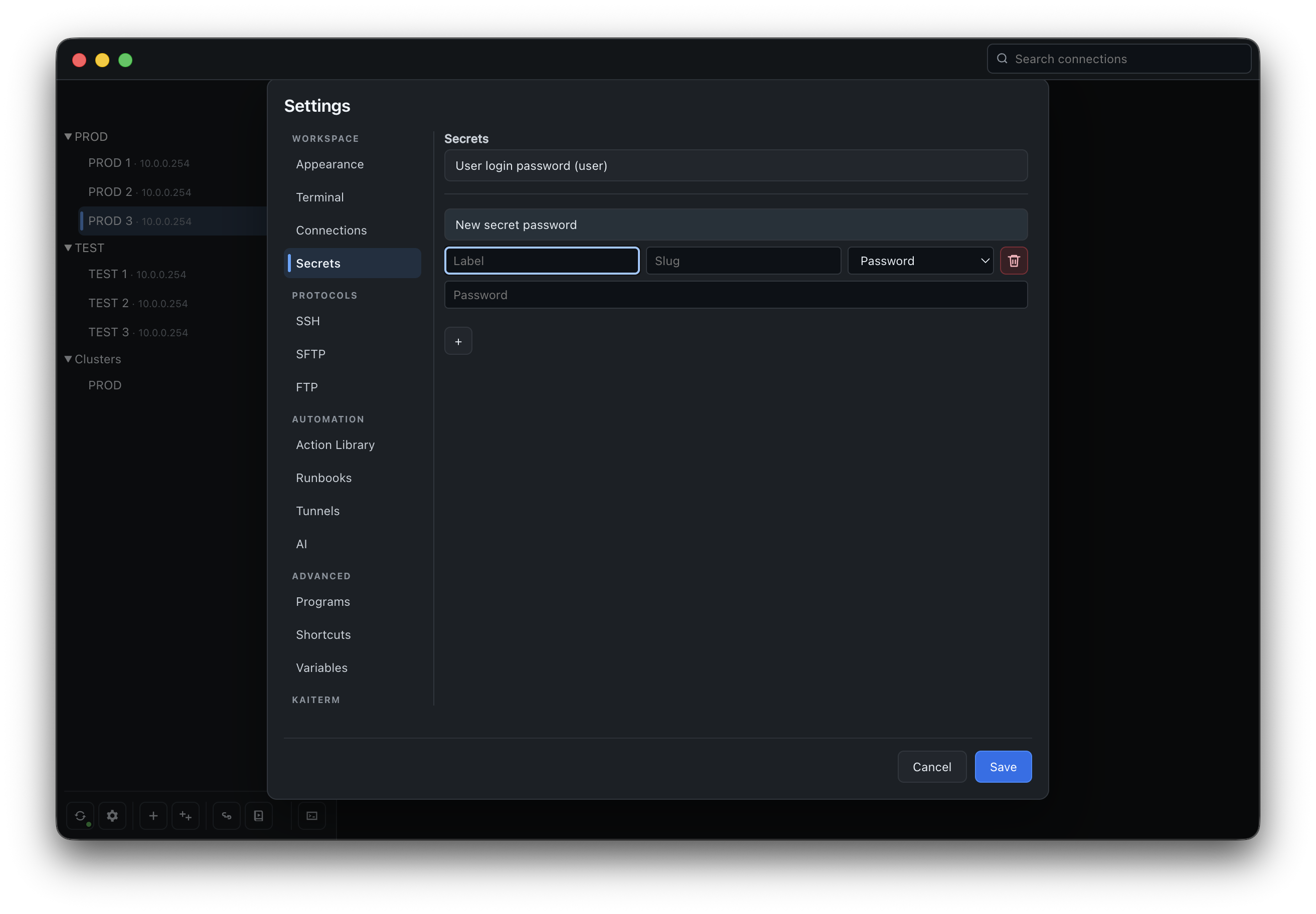 KaiTerm reusable secret settings.