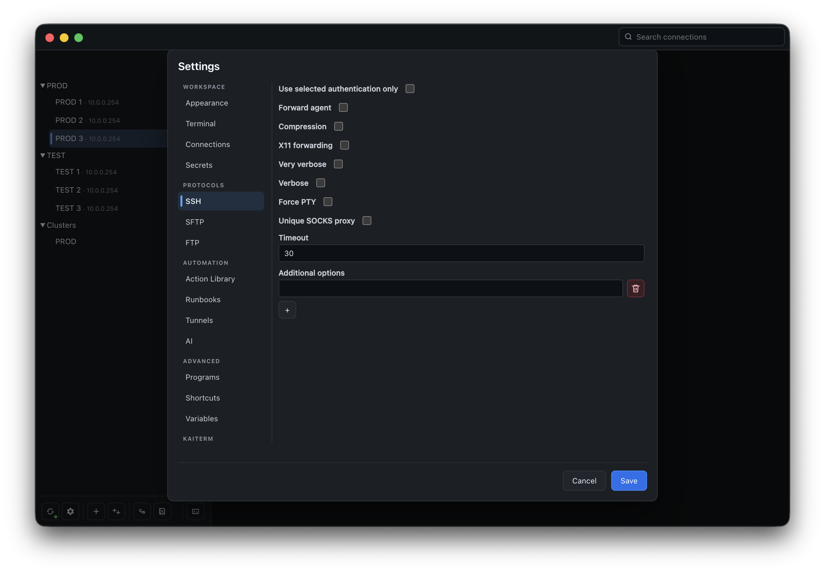 KaiTerm SSH settings with authentication, forwarding, proxy, and diagnostic options.