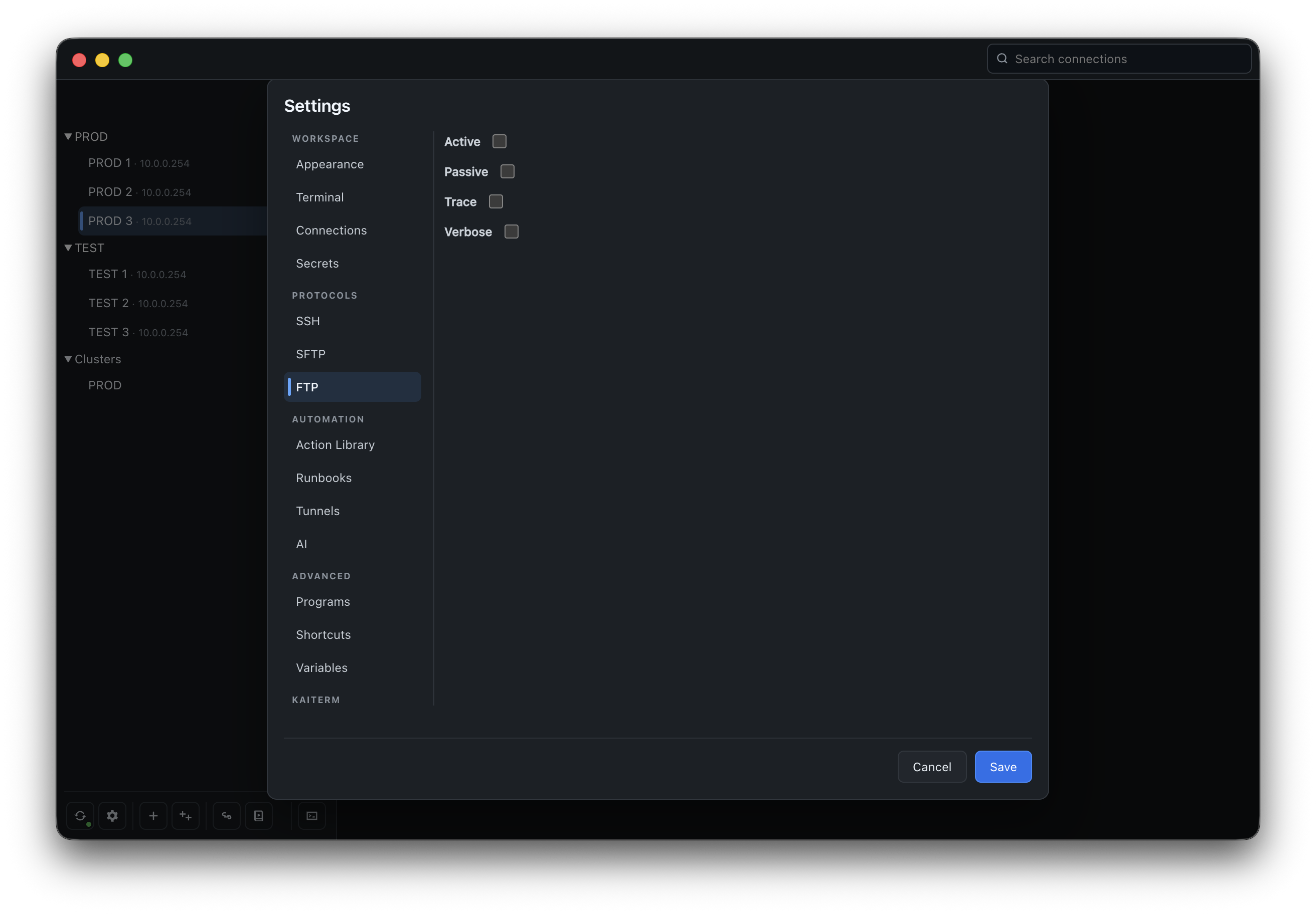 KaiTerm FTP settings.