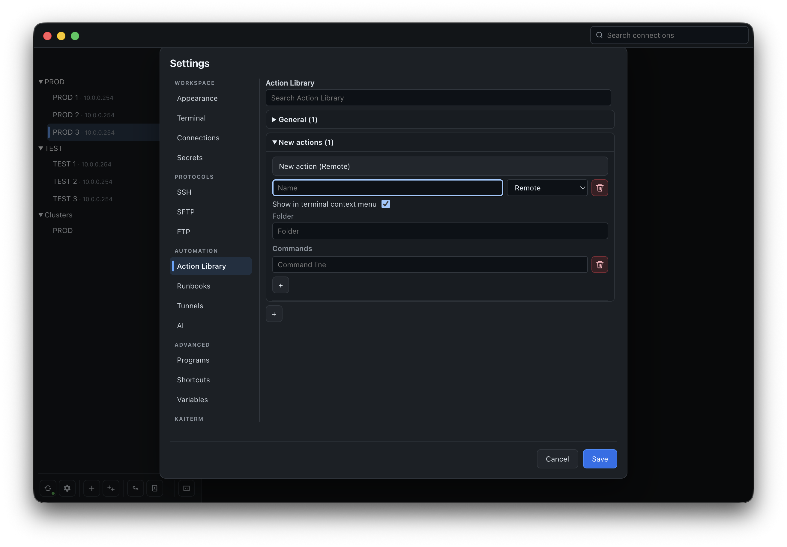 KaiTerm searchable Action Library with command details, execution type, context-menu visibility, and folder organization.