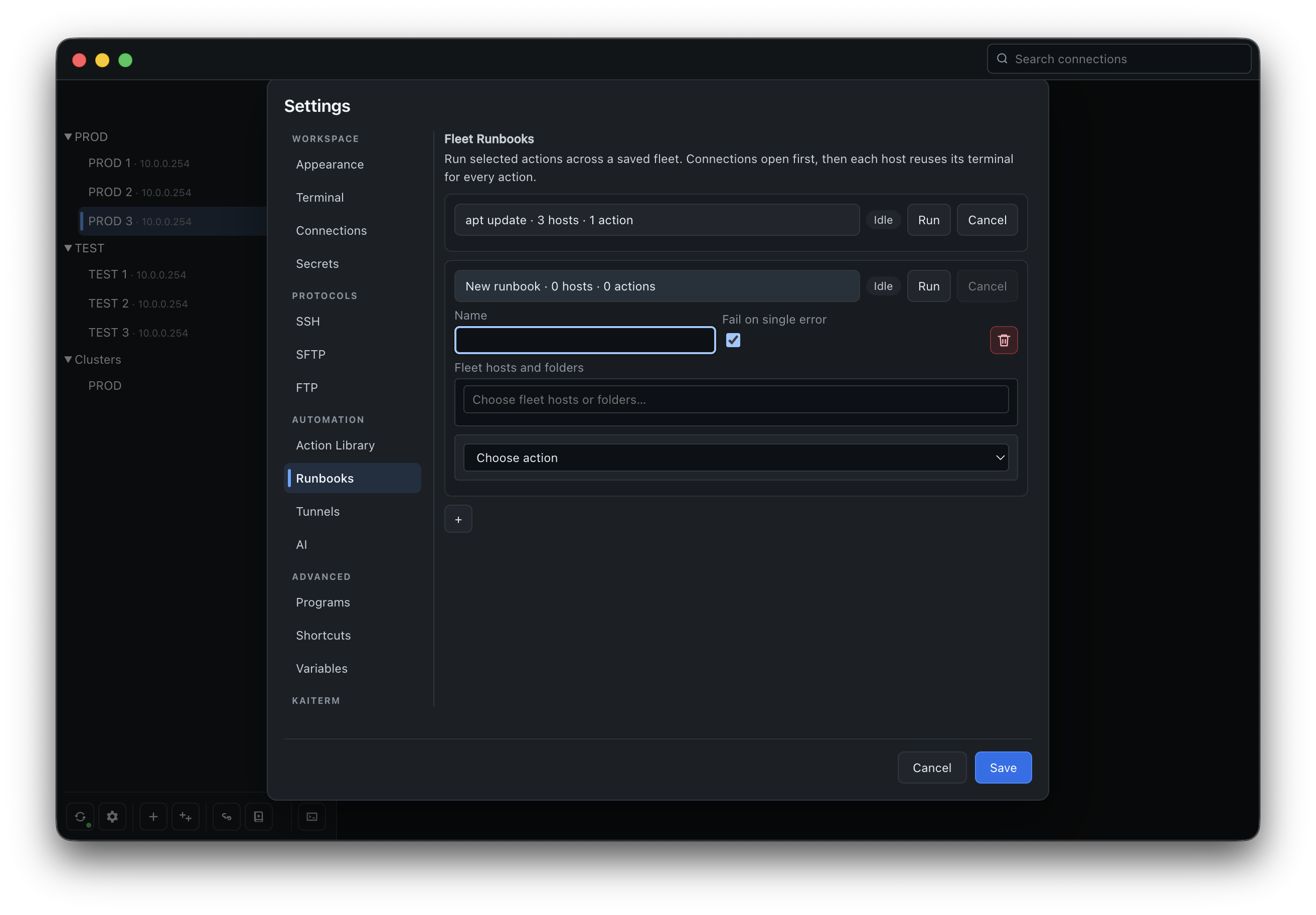 KaiTerm Fleet Runbook settings with saved Action Library action selection.
