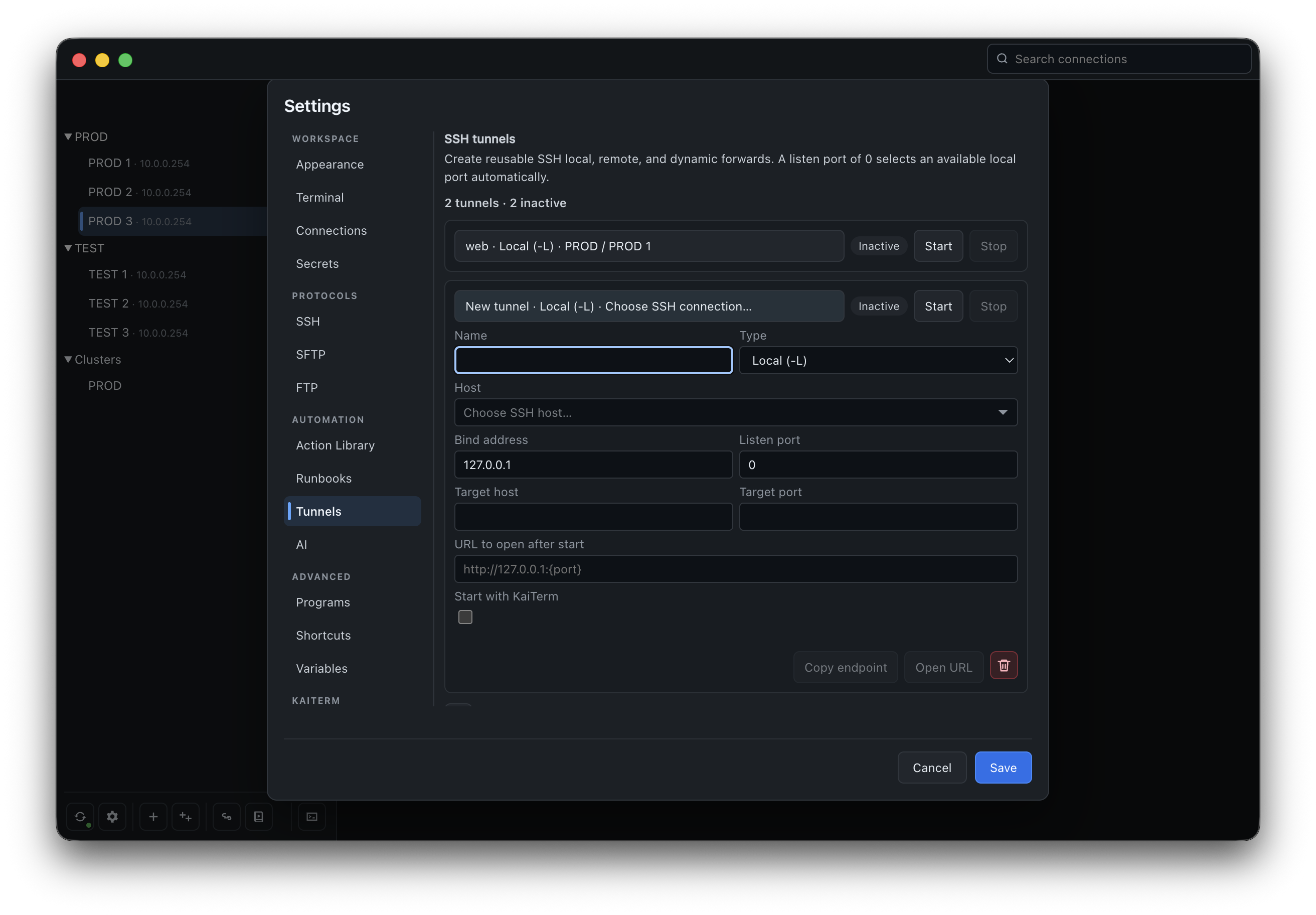 KaiTerm SSH tunnel settings.