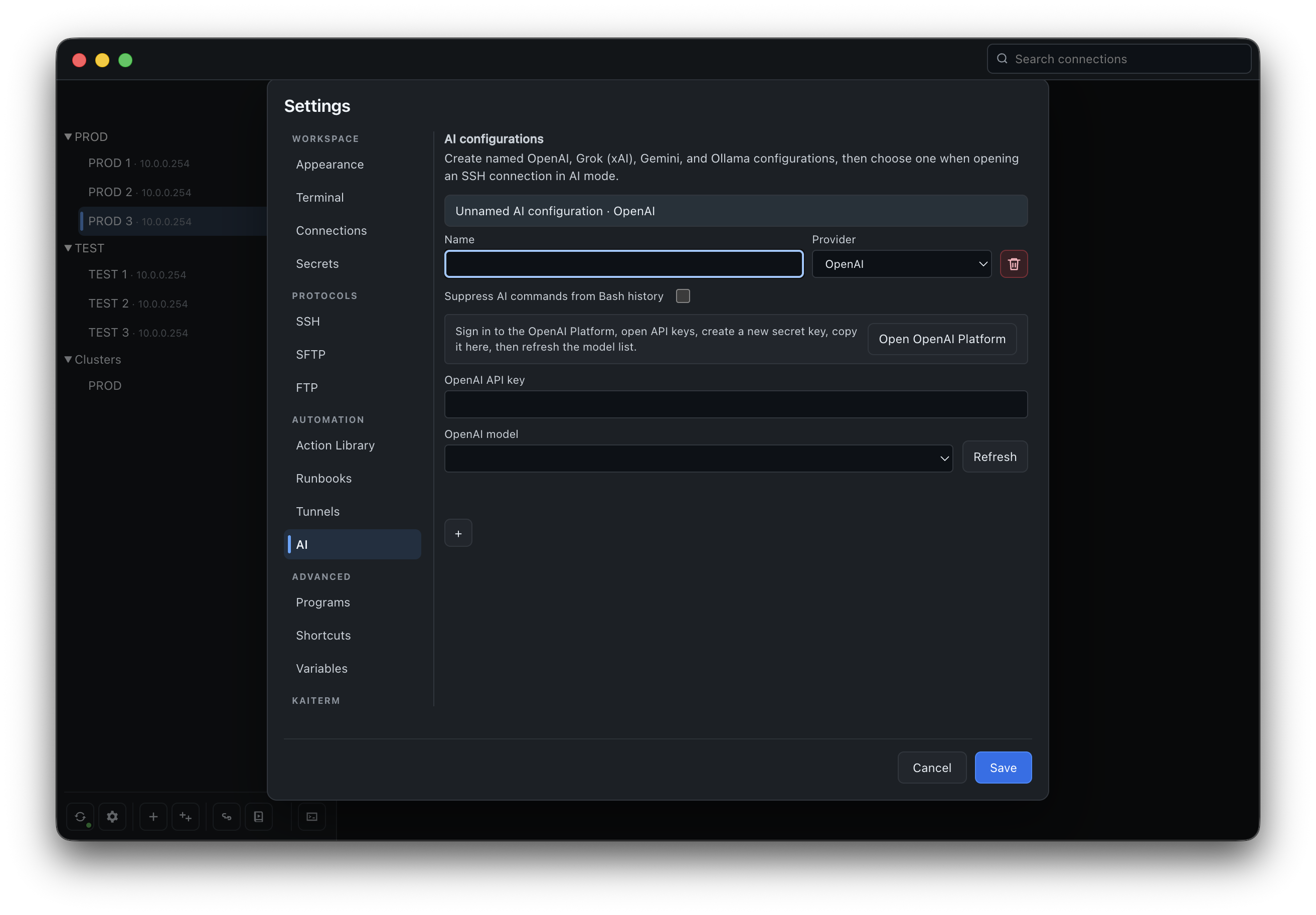 KaiTerm AI provider and model settings.